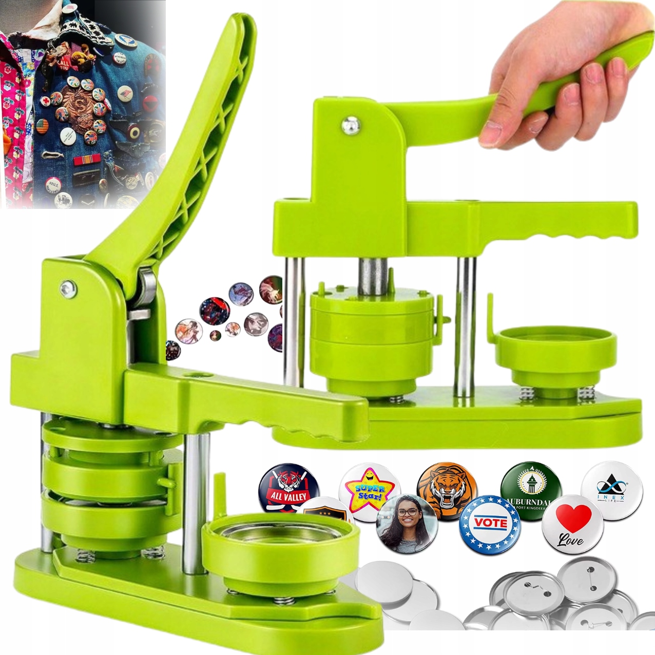 ZESTAW MASZYNA DO ROBIENIA PRZYPINEK ODZNAK BASIC PRASA 100 PINÓW DIY