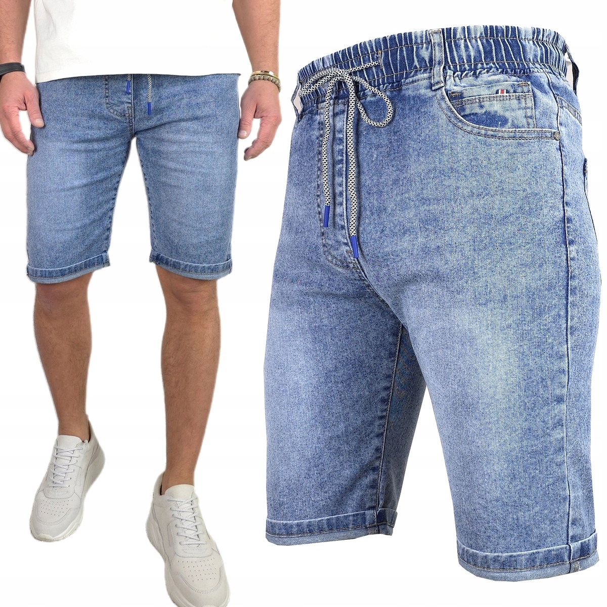 Spodenki męskie Jeansowe Krótkie spodnie rozciągliwe Pas z Gumką Modne M