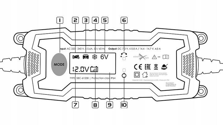 ŁADOWARKA MOTOCYKLOWA – PROSTOWNIK MOTOCYKLOWY Waga produktu z opakowaniem jednostkowym 0.6 kg