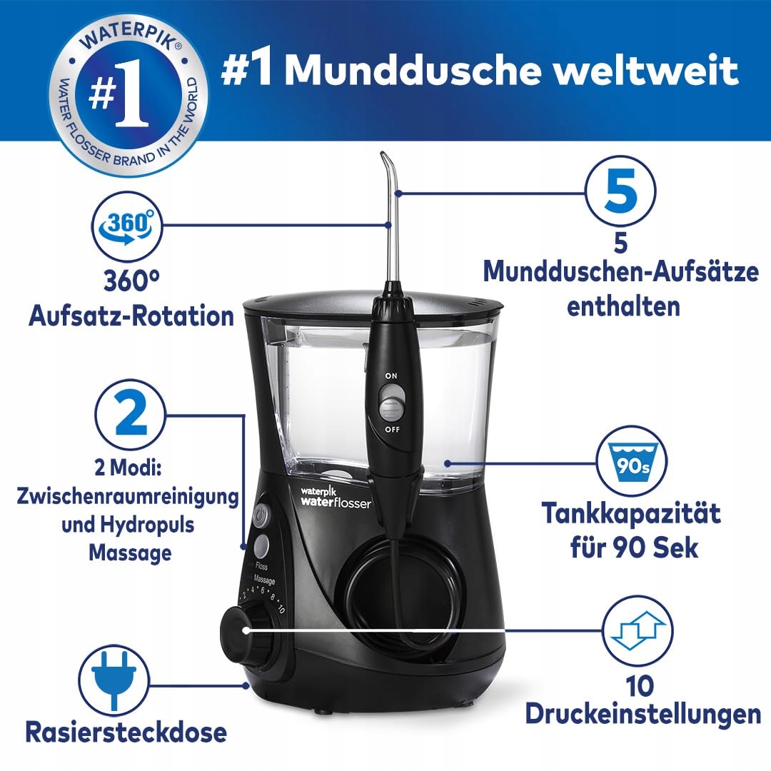 WATERPIK Ultra Profesjonalny Irygator, 7 Końcówek, 10 Ustawień, Czarny