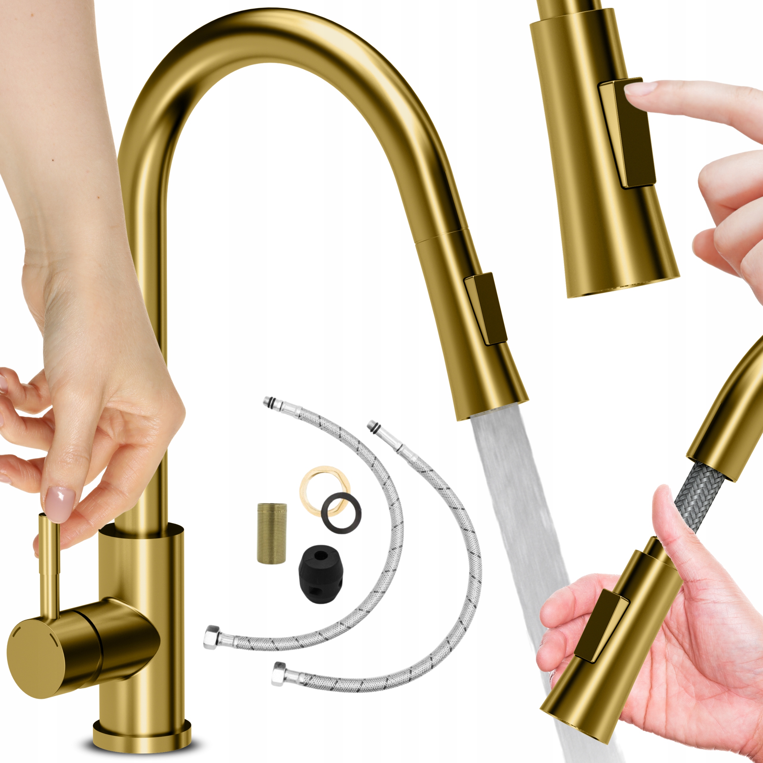 Zlatá Kuchynská Batéria S Vytiahnutou Výtokom A Sprchovacím Kohútikom Do Kuchyne 2v1