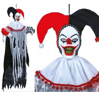 Závěsný klaun 120 cm Interaktivní Halloween šašek pohyb zvuk