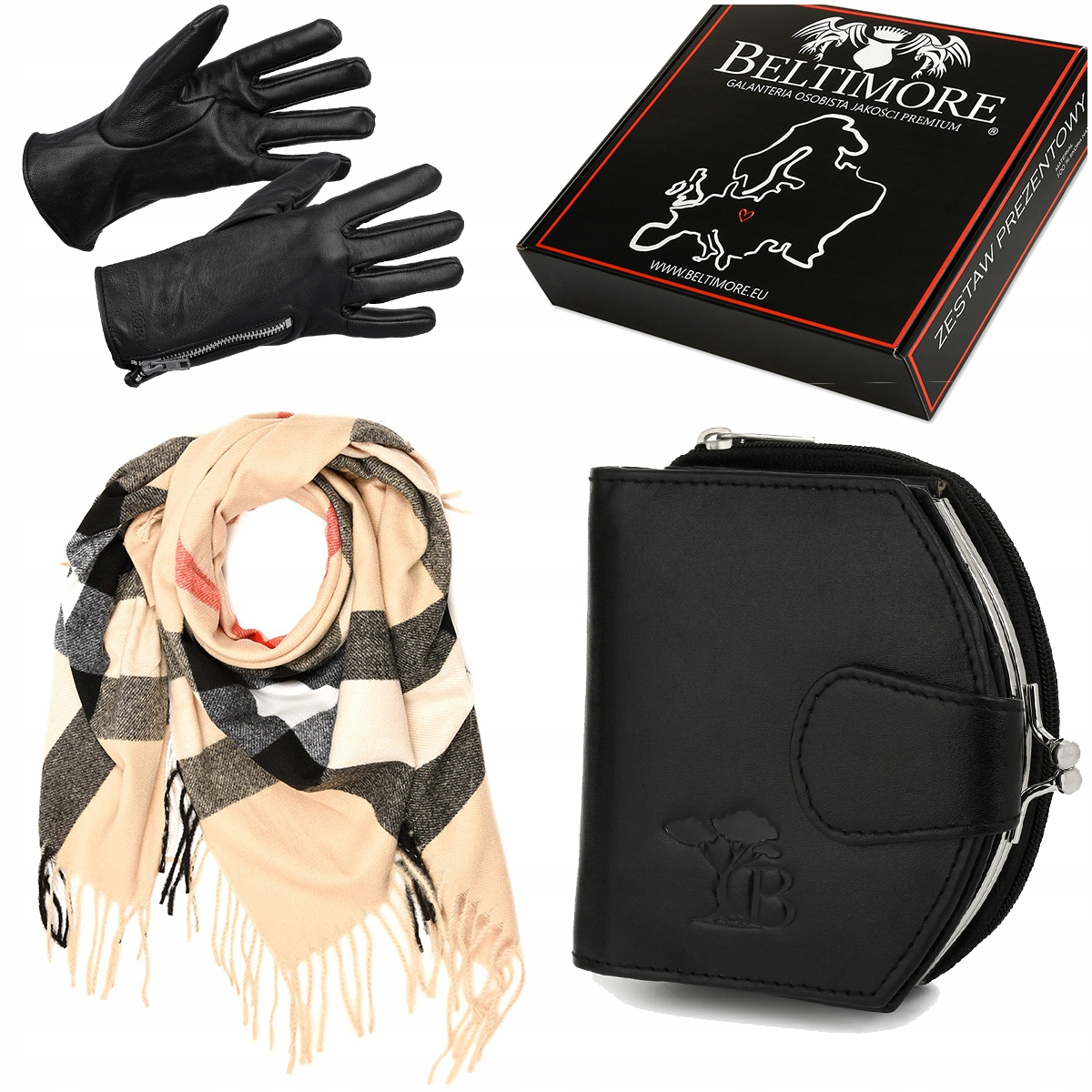 Dárková sada dámská kožená peněženka rukavice šátek Beltimore