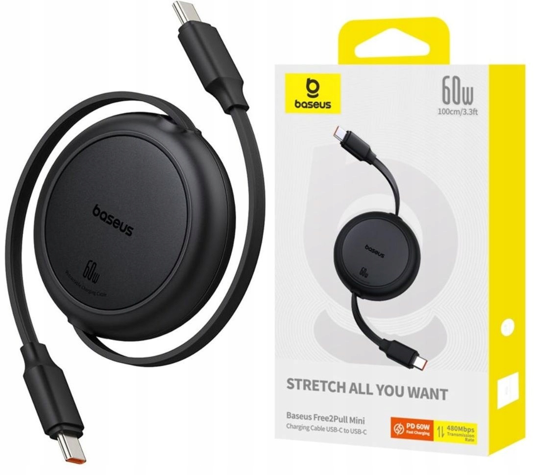 Zwijany Rozwijany Kompaktowy Kabel BASEUS 60W PD USB-C do USB typ C 1m