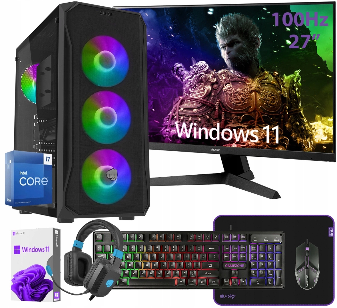 Herní Set i7 Radeon Rx 16GB Ssd 512GB DVD Windows 11 Iiyama 27 Palců