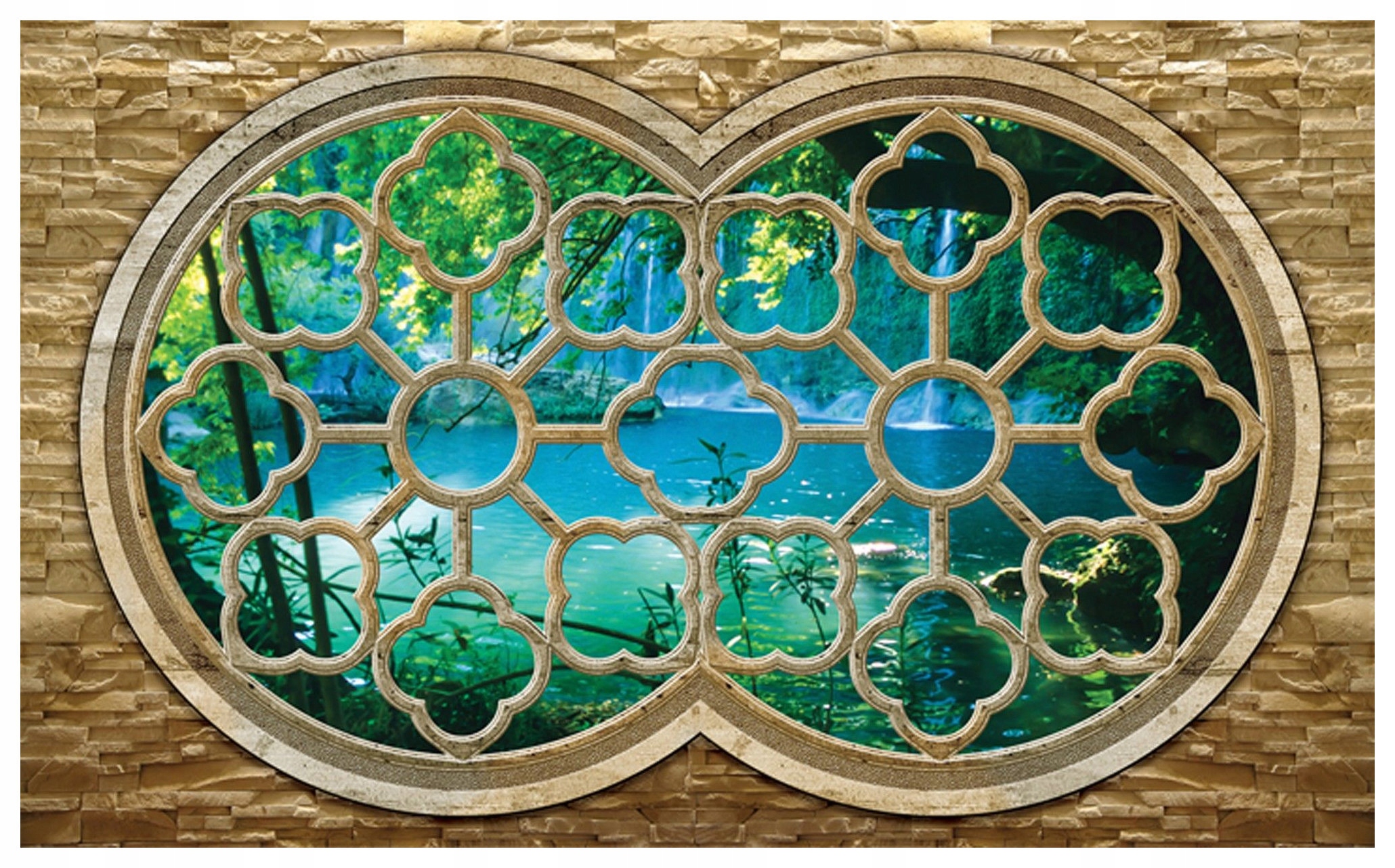 Vliesová fototapeta Vodopád světle modrá zeleň příroda okno 200x140 lepidlo