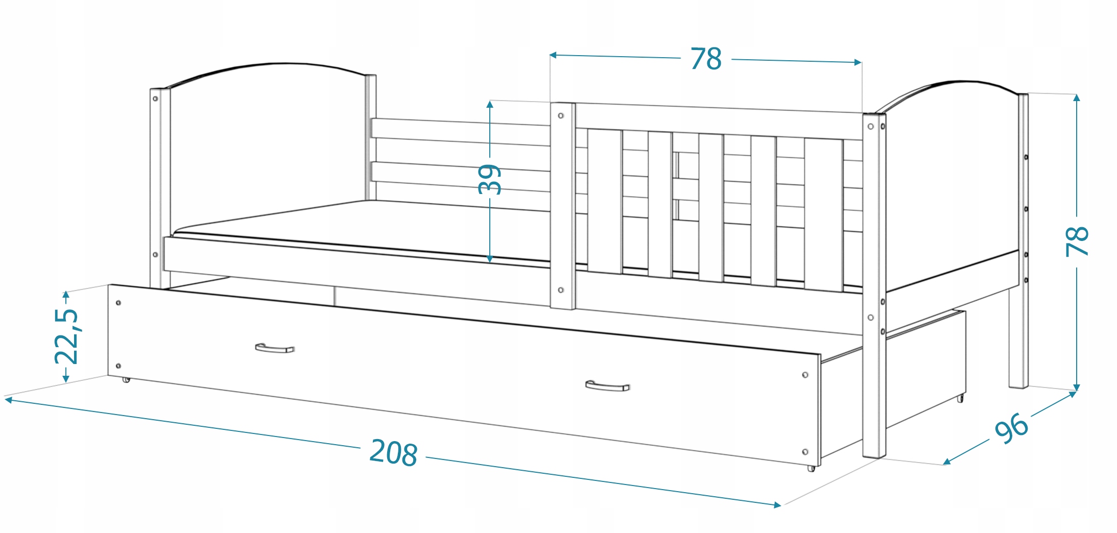 Łóżko parterowe 200x90 białe TAMI P2 Długość 200 cm