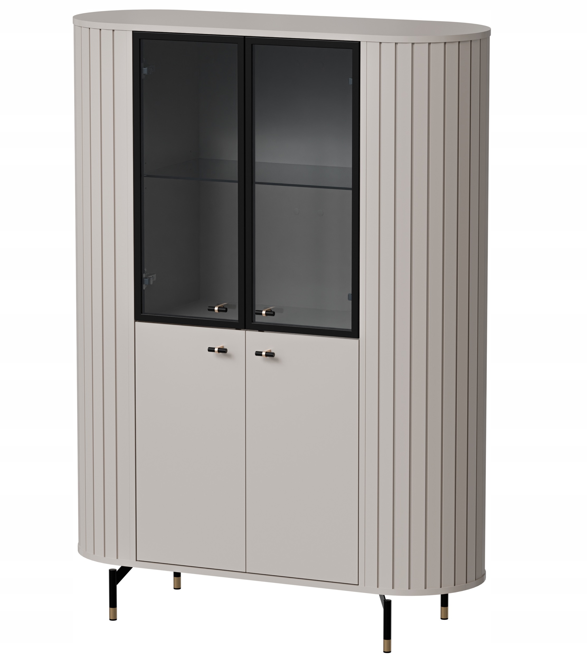 Čtyřdveřová vitrína Zante s drážkami a skleněným čelem, 112 cm, šedá, béžová