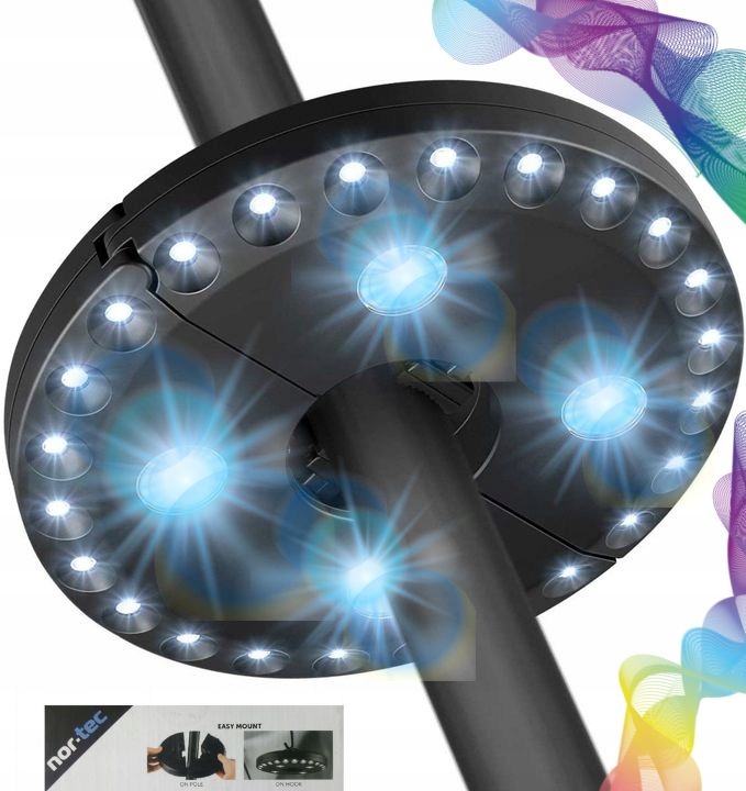 LAMPA LED POD PARASOL OGRODOWY 3 FUNKCJE OKRĄGŁA OŚWIETLENIE PARASOLA