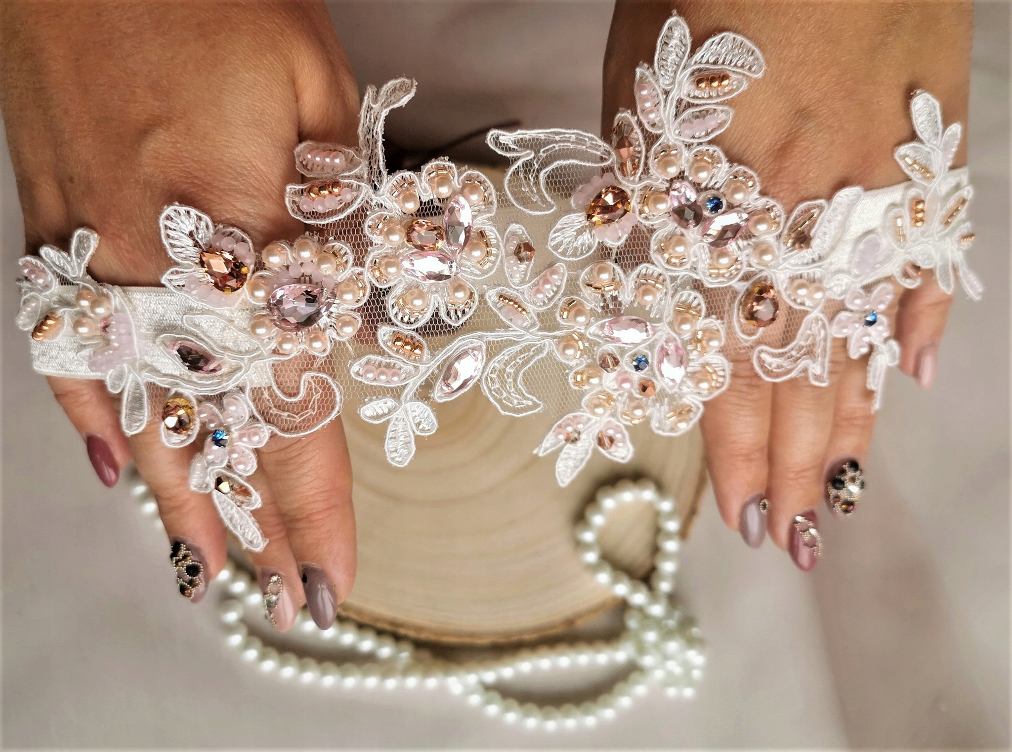 

Podwiązka ślub wymiar M14 biał ivory+ Rose Gold