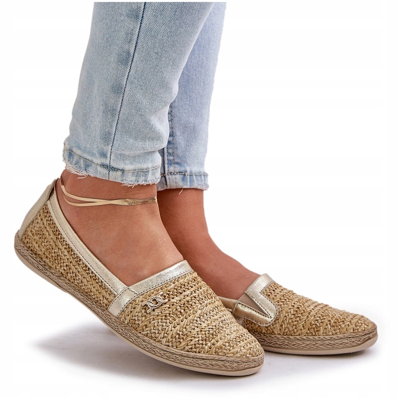 Elegantní Kožené Mokasíny S Pleteninou Pro Ženy, Béžovo-zlaté, Velikost 36