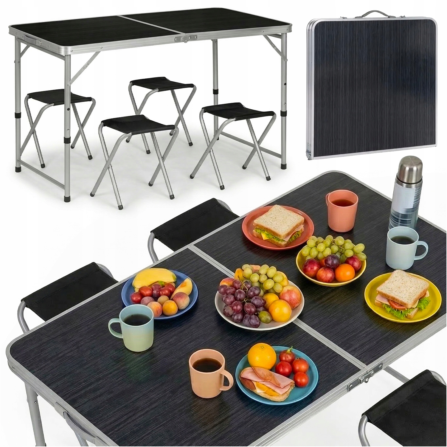Sada Turistického Stolu Skládací Kempingový Stůl 4 Židle Kufr Černý