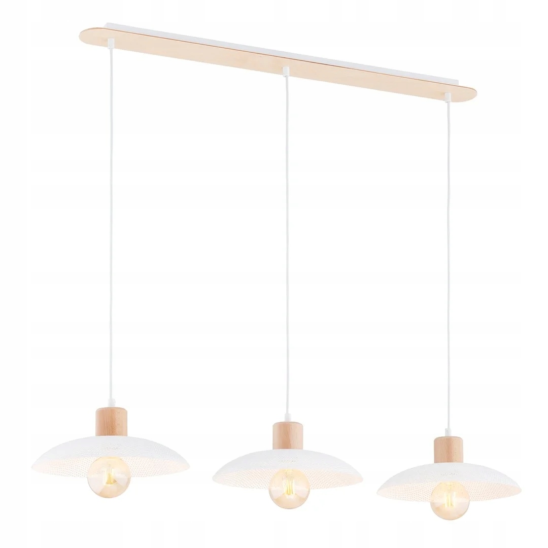 Škandinávska trojitá závesná lampa biela, hnedá, drevená nad stolom Emibig