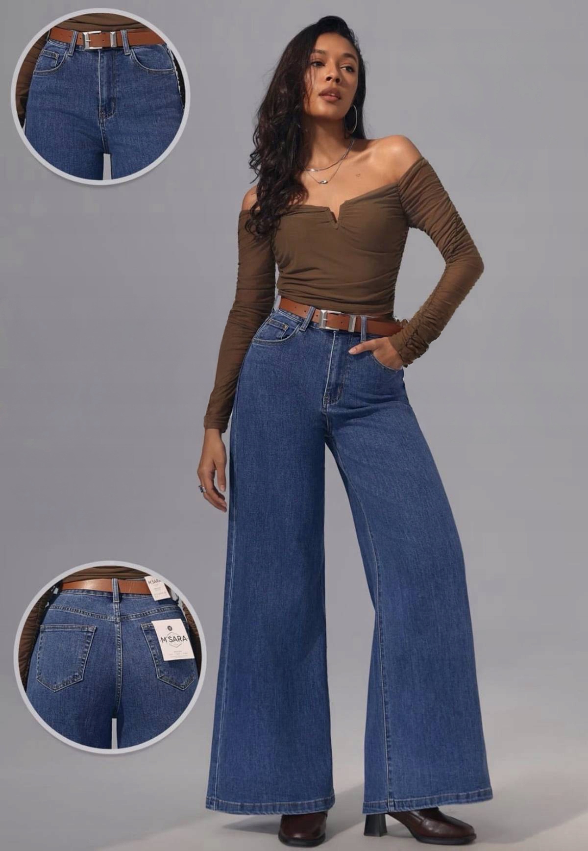 M.Sara Spodnie Damskie Jeansy Szerokie Nogawki Wysoki Stan 36/S