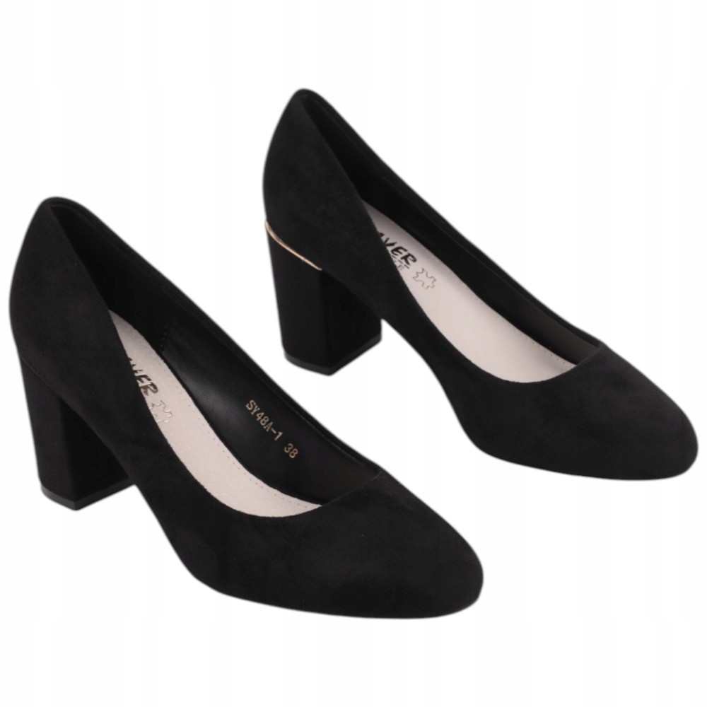 Czarne Czółenka Damskie Na Słupku Buty Wkł. Ekoskóra