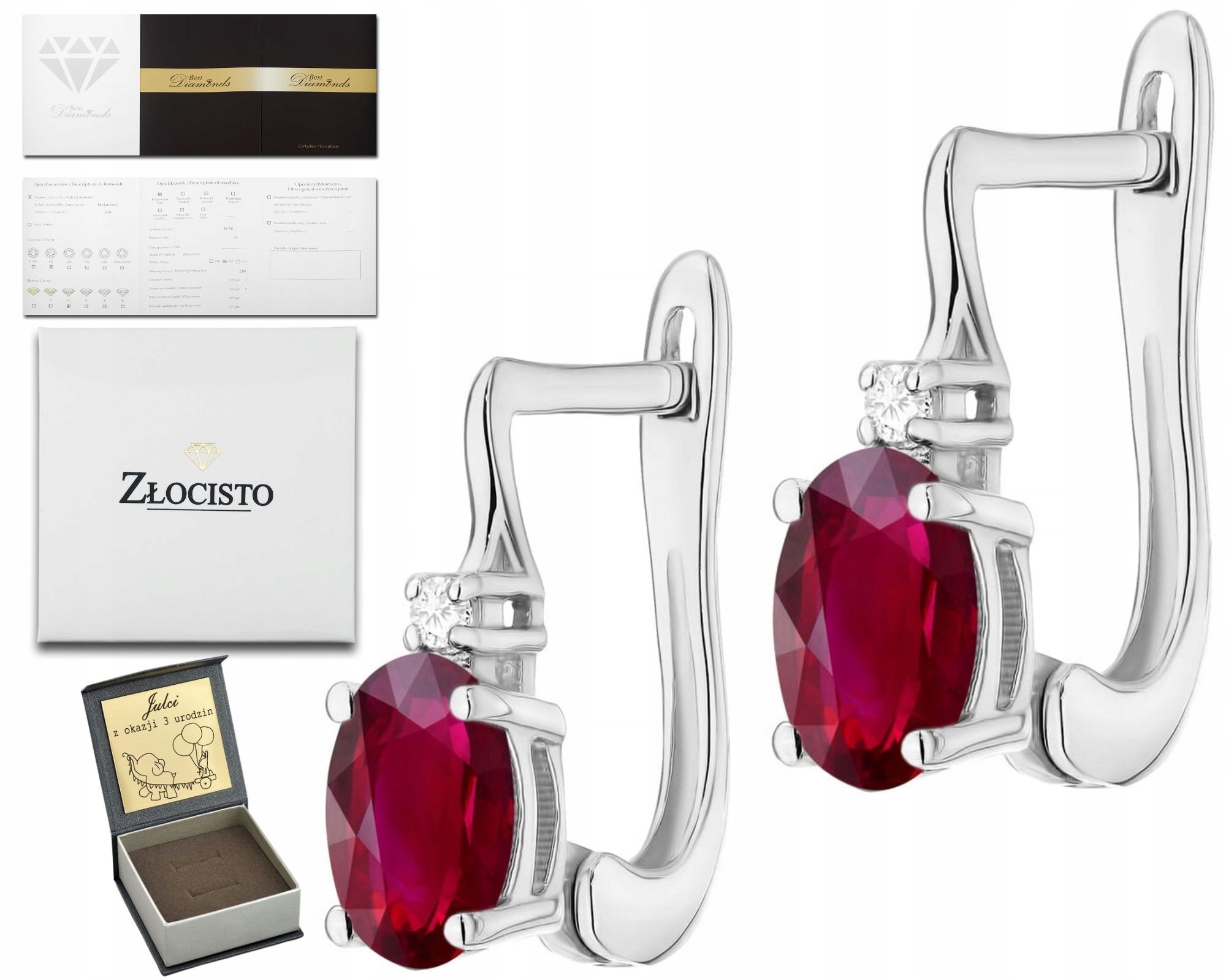 Náušnice Z Bílého Zlata S Červeným Rubínem A Diamantem Jako Dárek K Gravírování