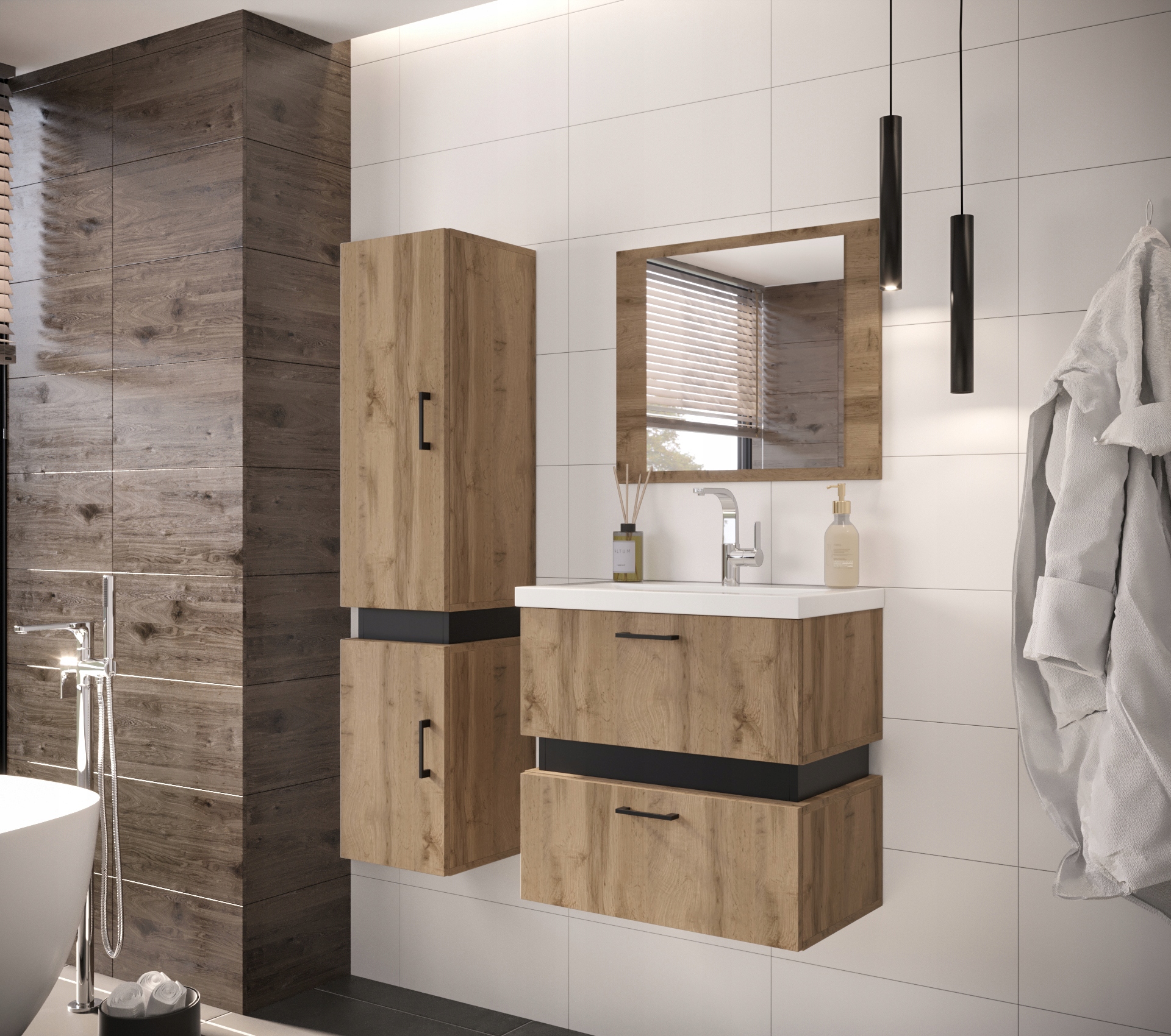 Meble łazienkowe TRIO zestaw 3 dąb wotan + czarny Marka inna