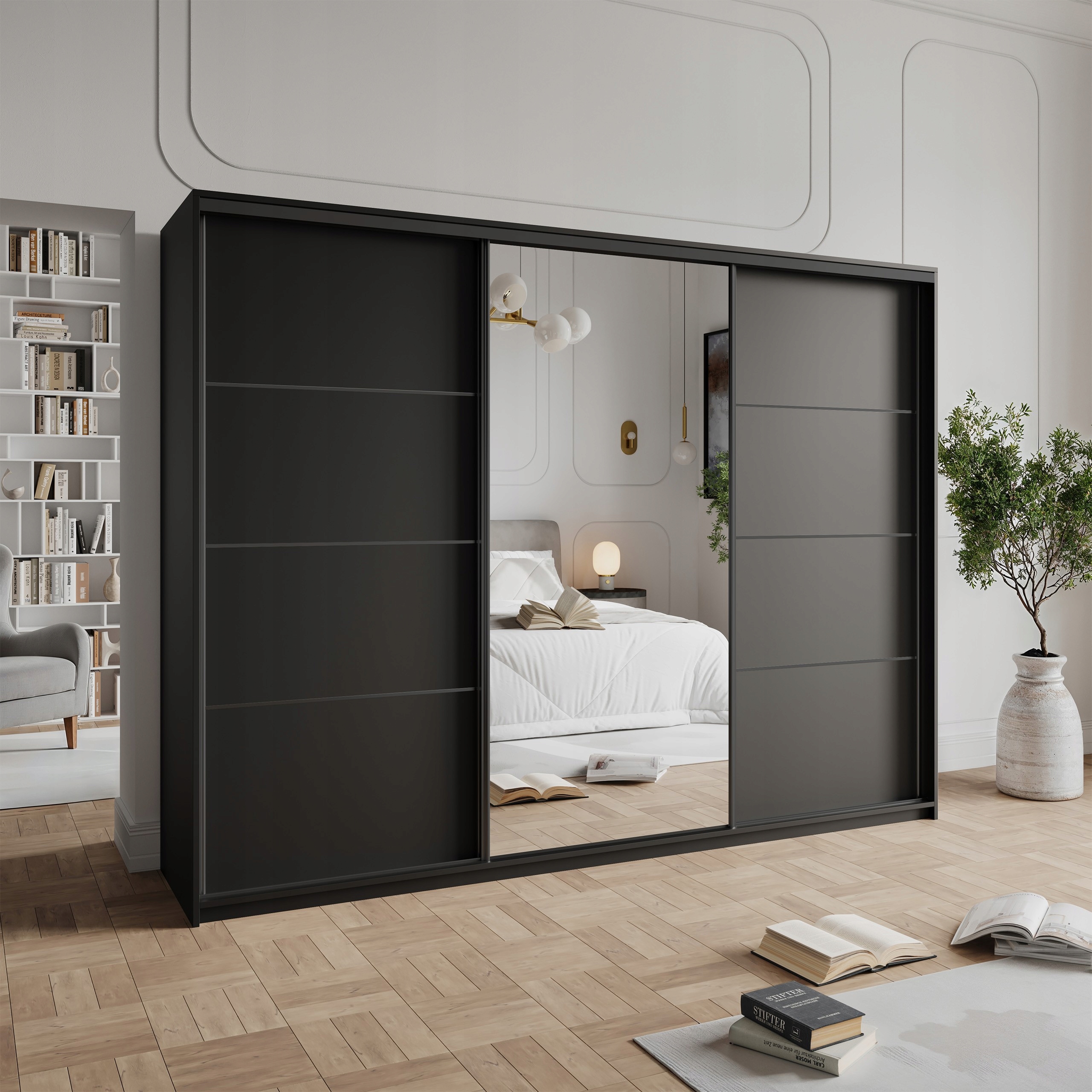 Skříň 250 cm se zrcadlem Zásuvky třídveřová černá černá