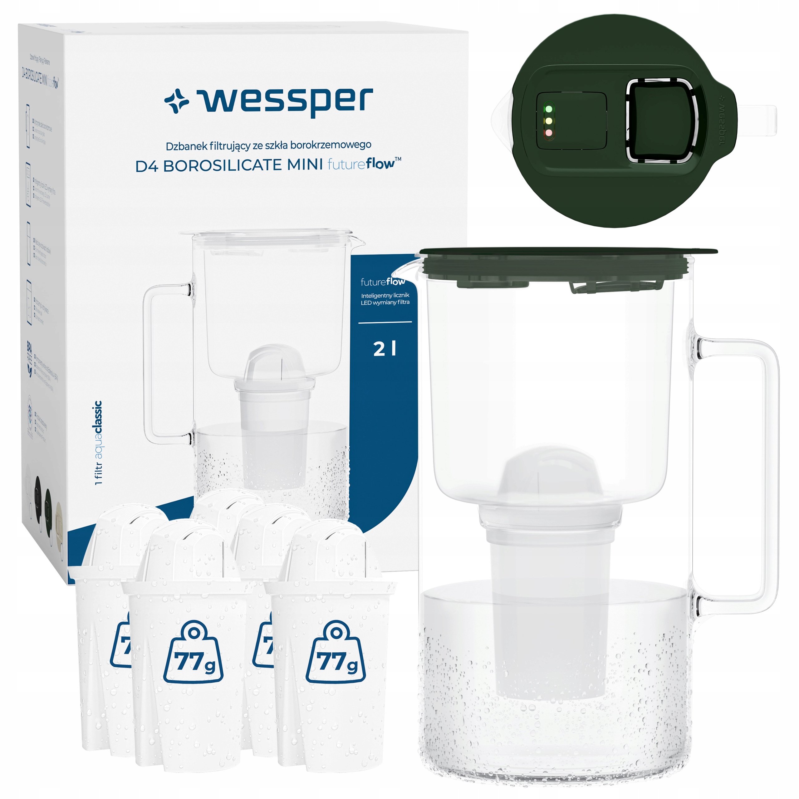 Filtrační konvice skleněná Wessper D4 Borosilicate Mini počítadlo 6x filtr