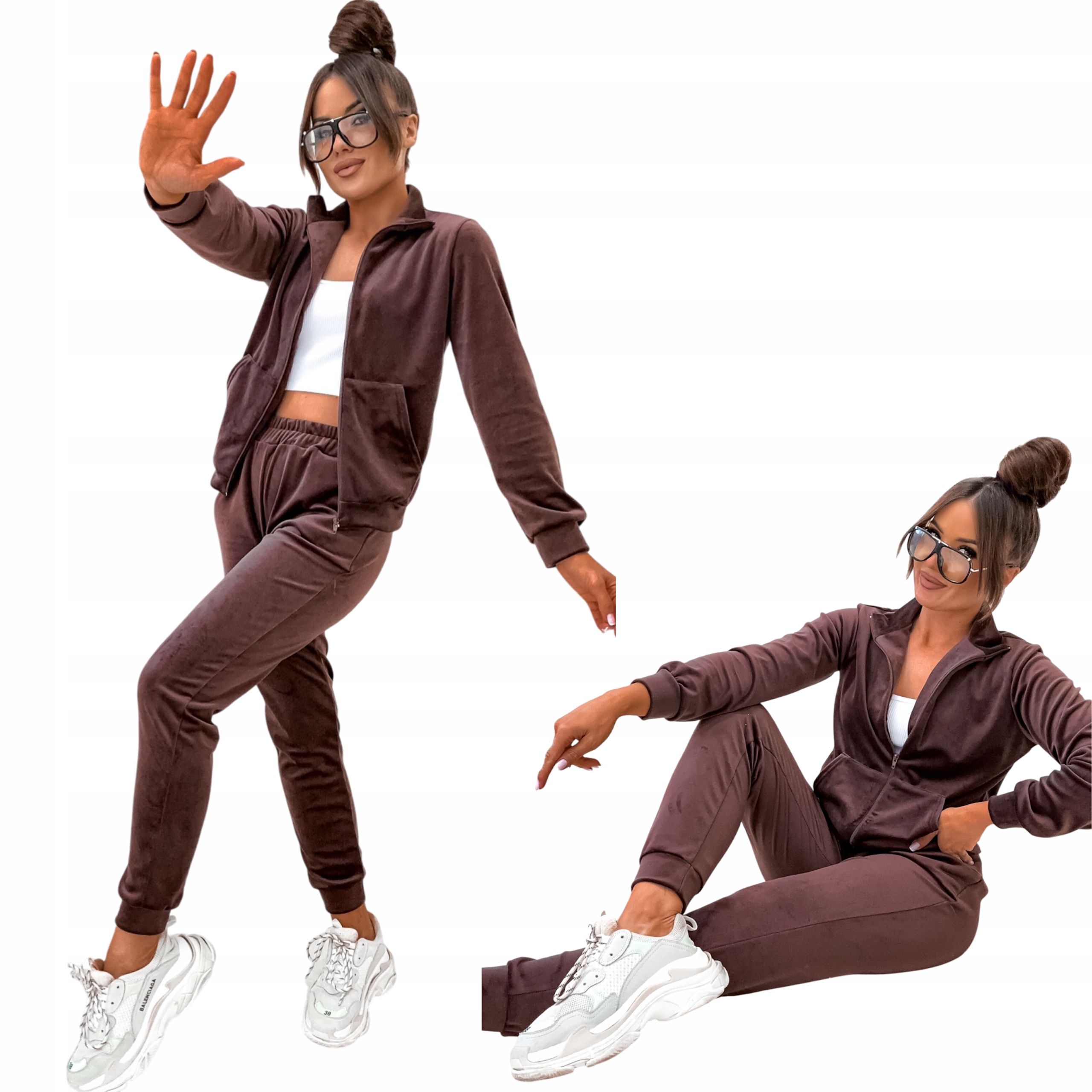 Dres Welurowy Damski Komplet Rozpinany Bluza Spodnie Czekolada S/m