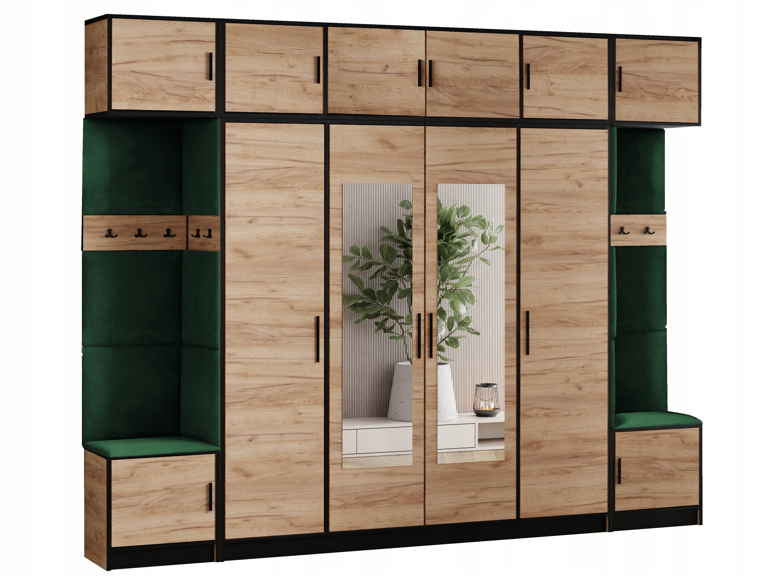 Šatní skříň s nástavcem Dior 17 dub craft zlatý zelená tkanina sedák