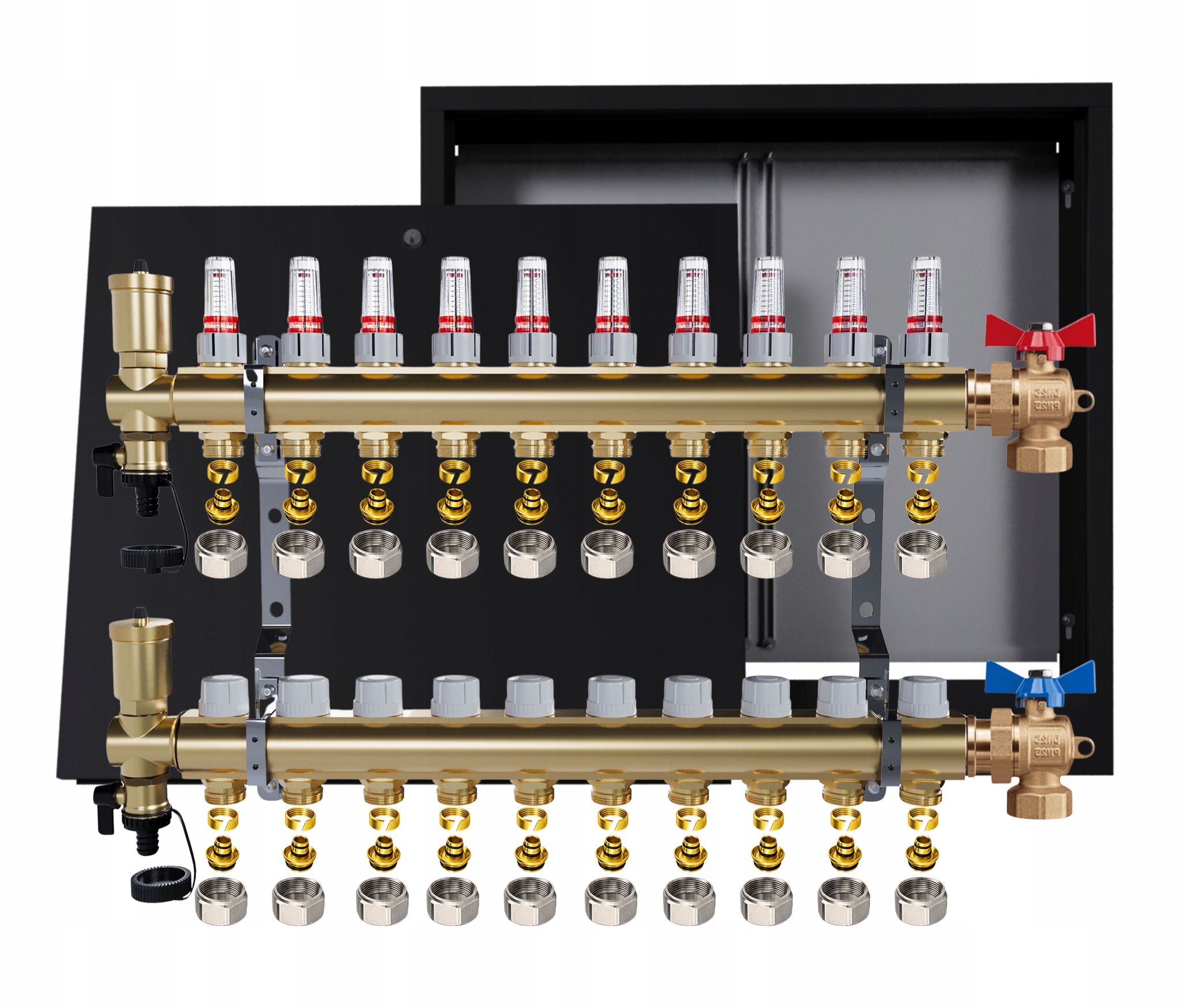 Rozdělovač mosazný podlahový 10 okruhů nástěnná skříňka černá Pex