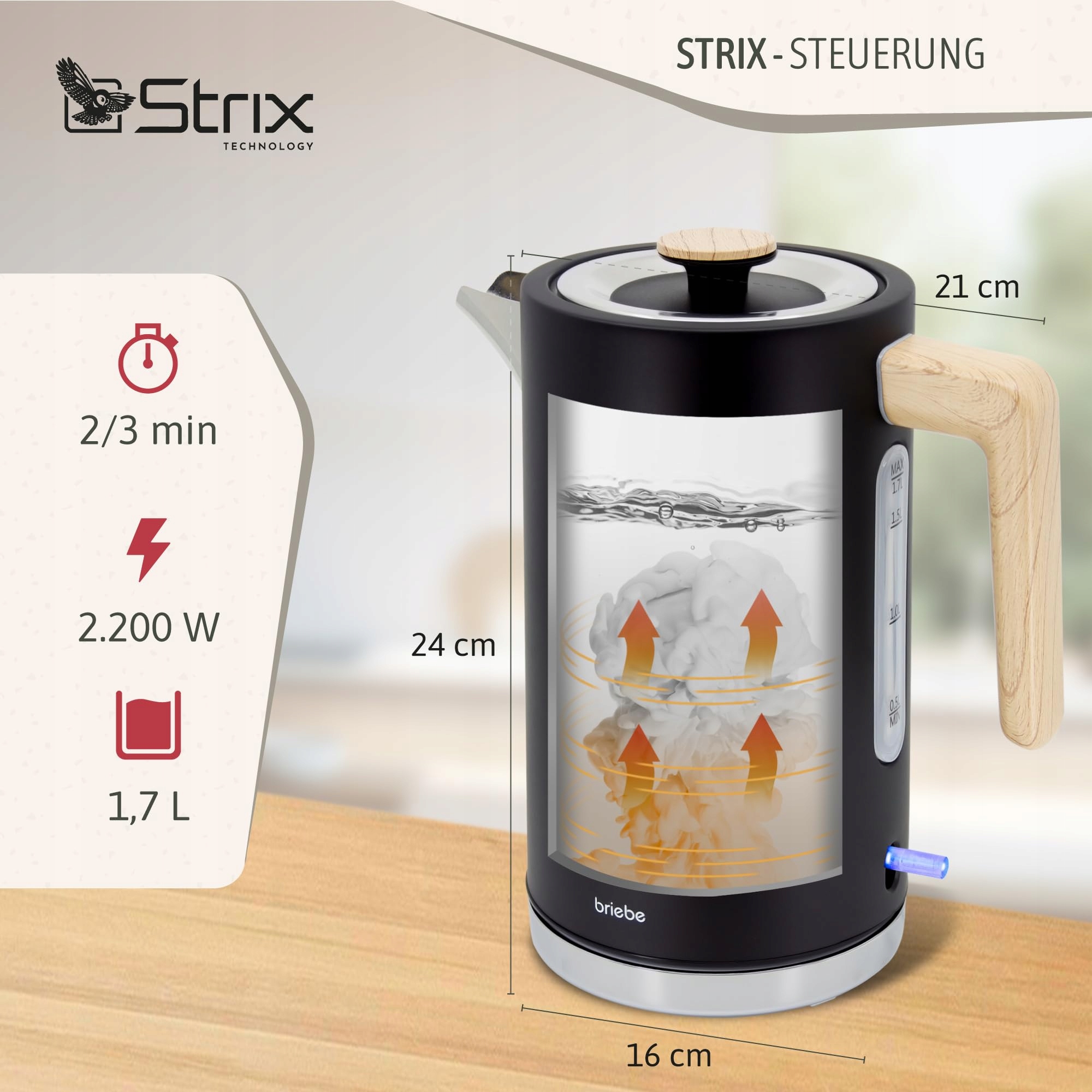 BRIEBE Czajnik Elektryczny 1,7L 2200W Bezprzewodowy BPA Free Nordycki Desig — miniatura 3