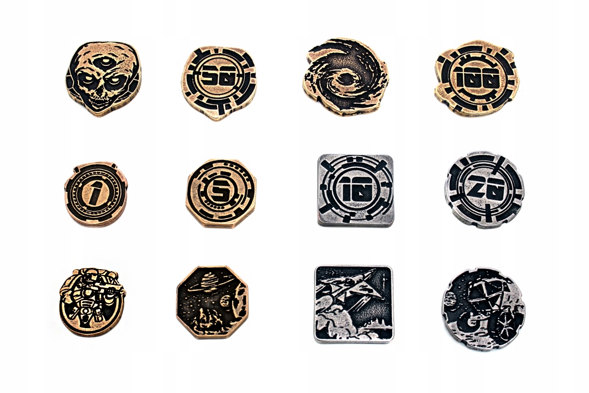 ZESTAW 30 KOSMICZNYCH METALOWYCH MONET LARP RPG Producent Drawlab Entertainment