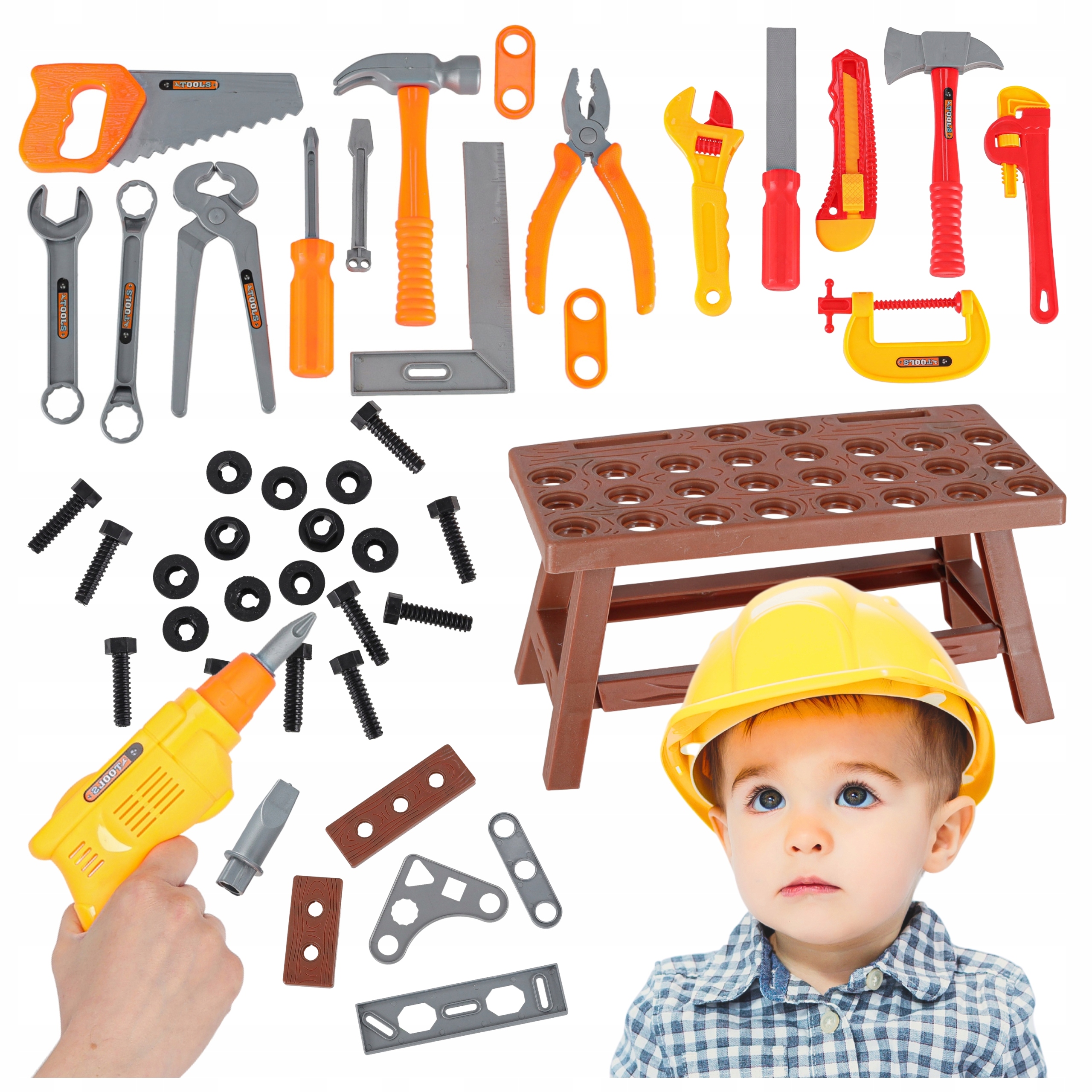 ZESTAW MAJSTERKOWICZA DLA DZIECI NARZĘDZIA WIERTARKA MŁOTEK 48 ELEMENTÓW
