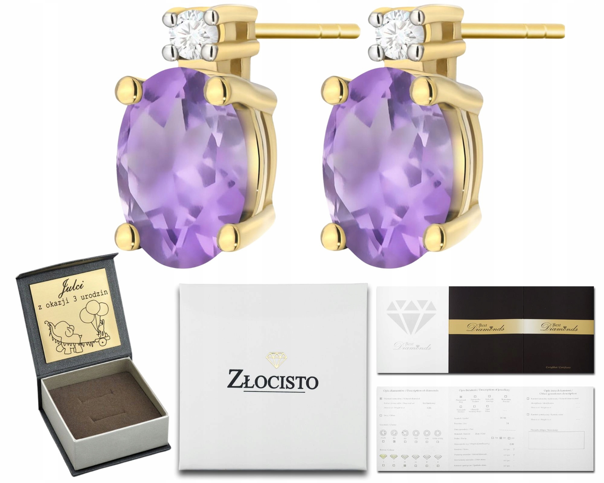 Zlaté Náušnice S Ametystem A Brilianty Na Tyči, Zlato 585
