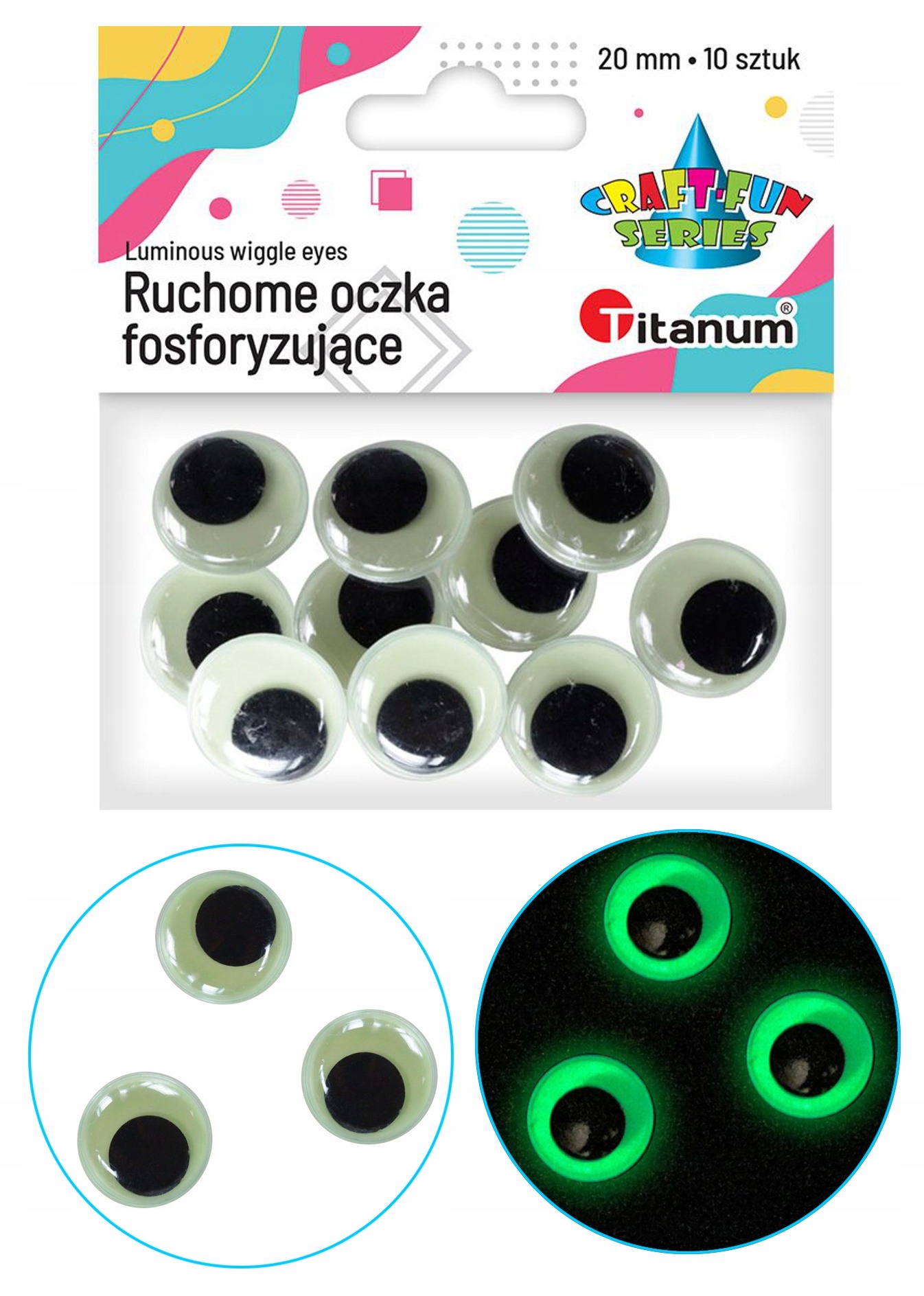 

Ruchome oczka fosforyzujące 20 mm 10 szt Titanum