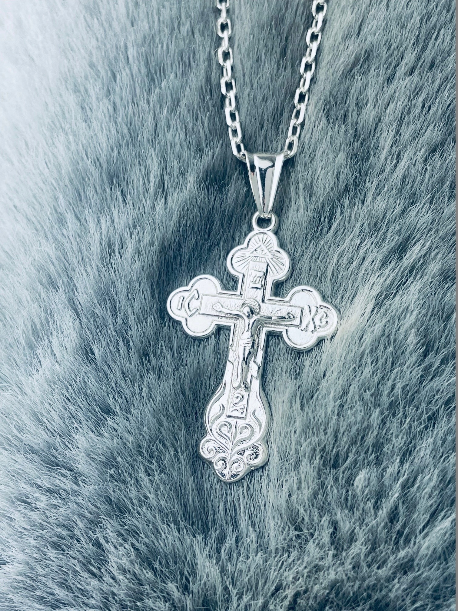 Stříbrný pravoslavný křížek Pán Ježíš Svaté Přijímání Křest