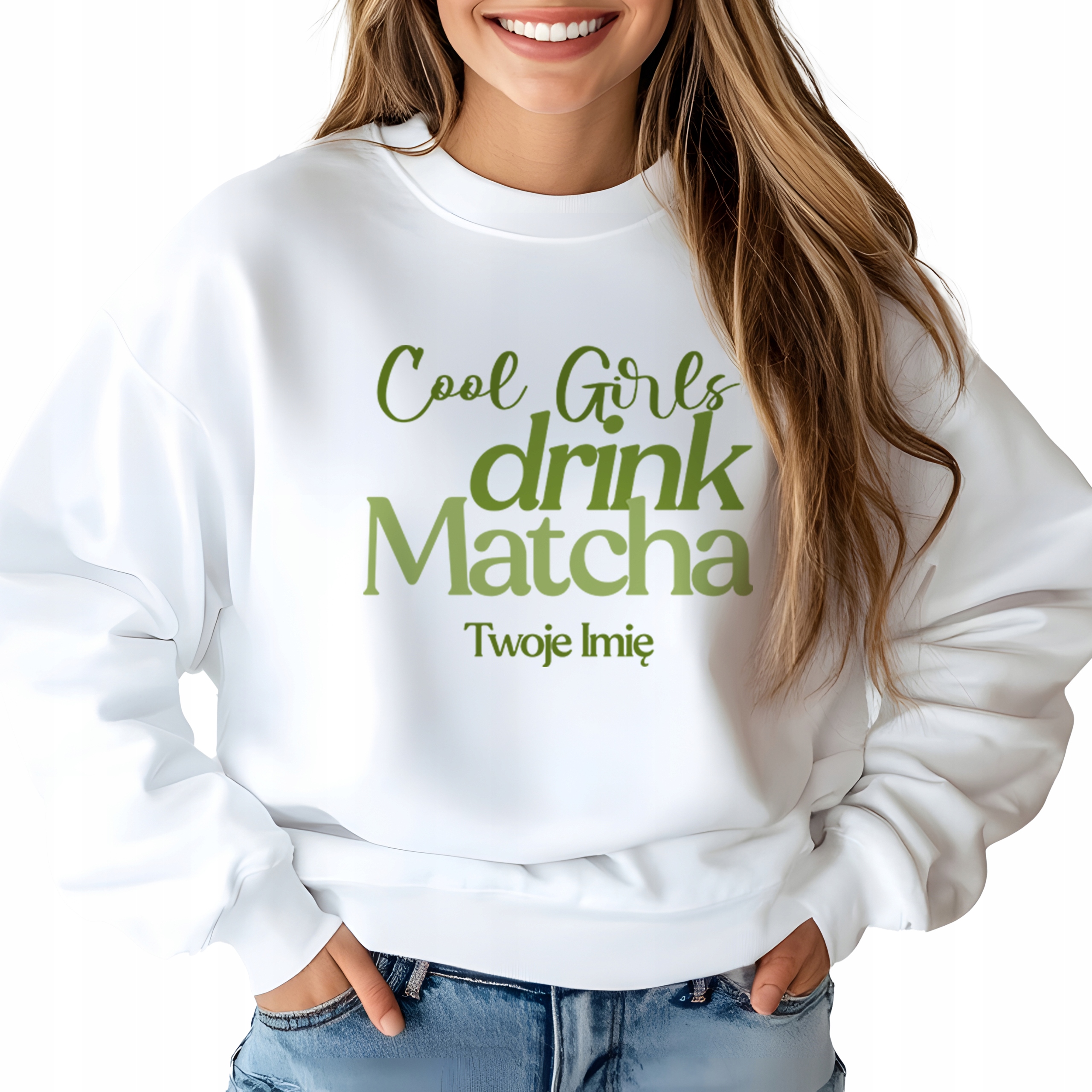 Mikina Bílá Módní pro milovnici Matchy Girls Drink Matcha Jméno M