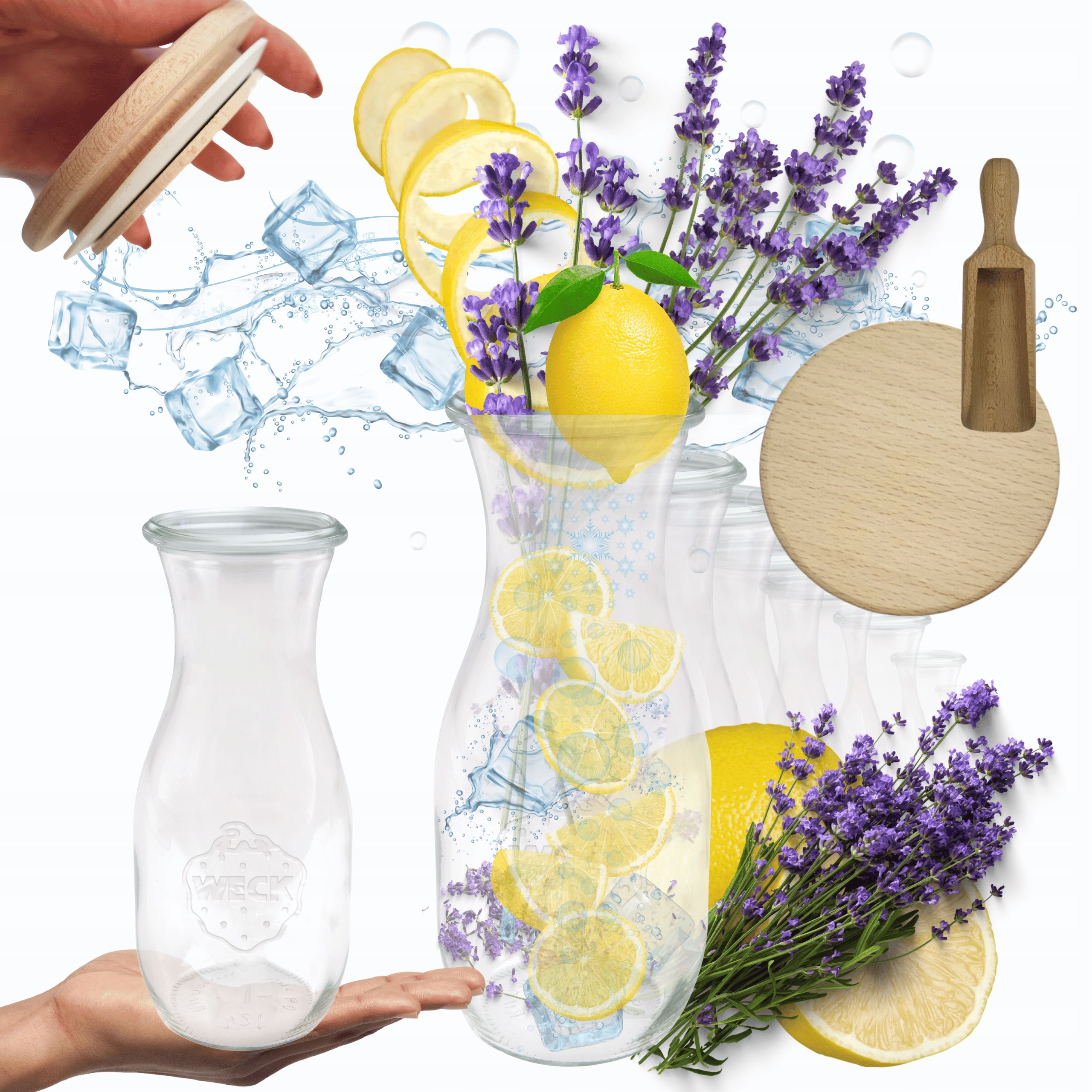 Karafy 1062 ml Weck 1L tesné drevené viečka 12ks odmerka