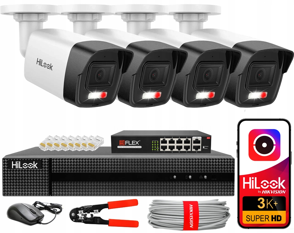 Zestaw do Monitoringu 4MPx Hikvision PoE Zewnętrzny 4 Kamery IPC-B140HA-LUC