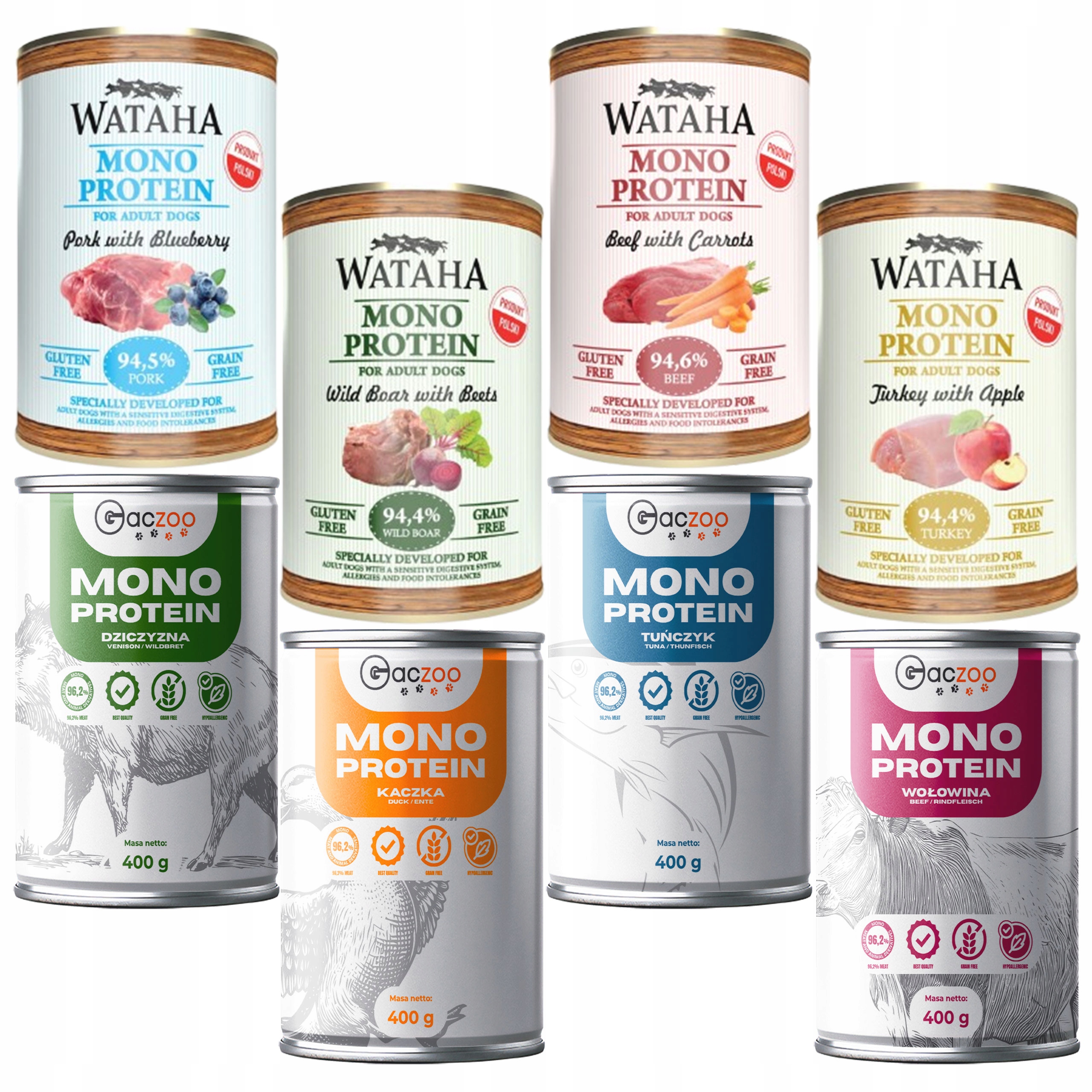 Wataha Gaczoo Mono Protein Adult karma mokra dla psa Mix smaków 8 x 400g