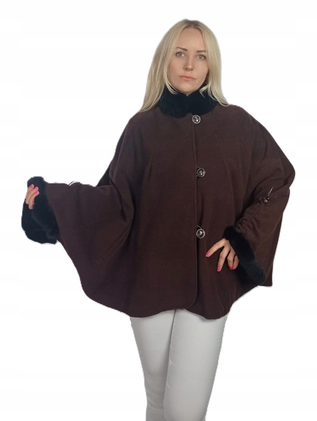 Peleryna obszyta naturalnym futrem królik Rex- brąz