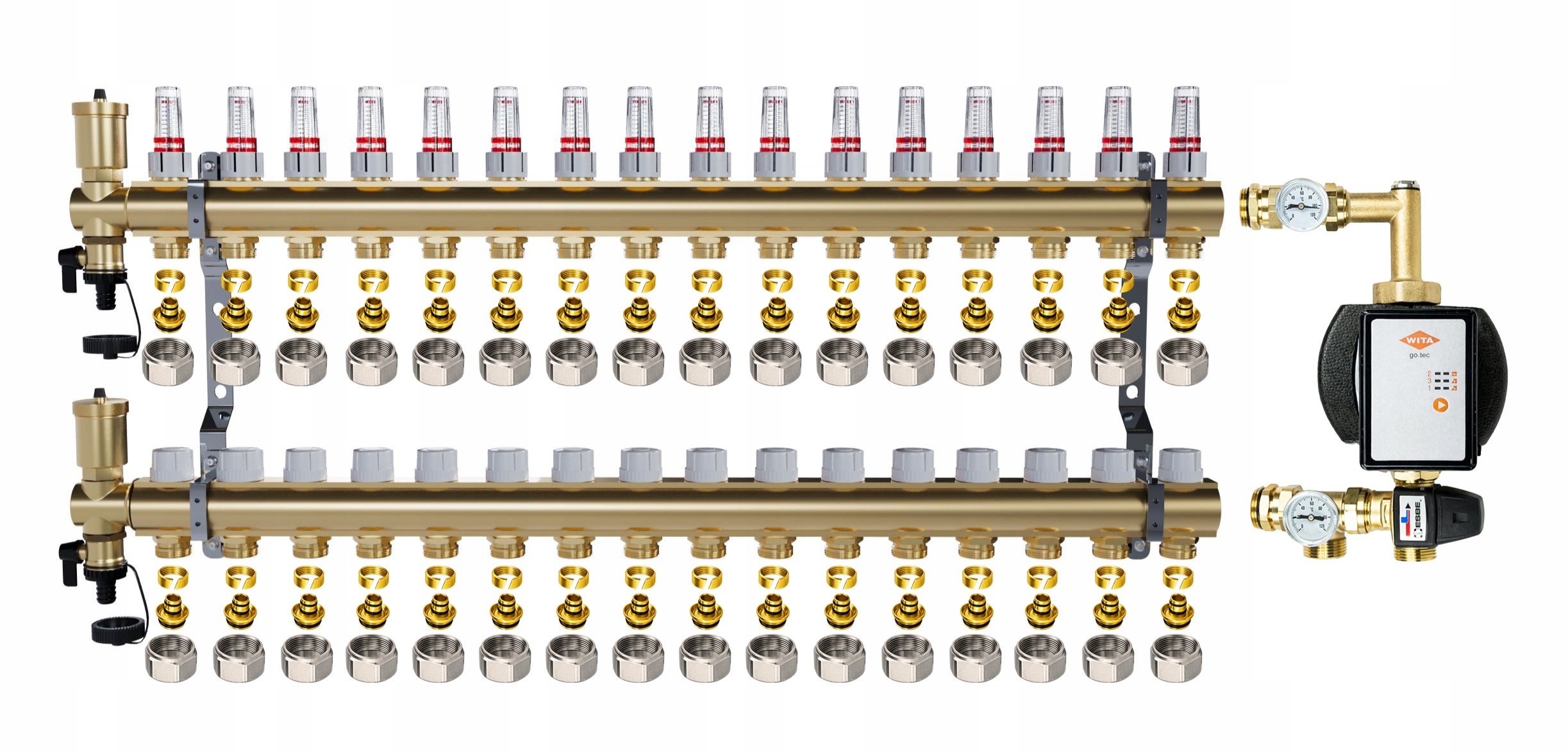 Rozdělovač pro podlahové topení 16 sekcí Spojky Pex Čerpadlo Wita
