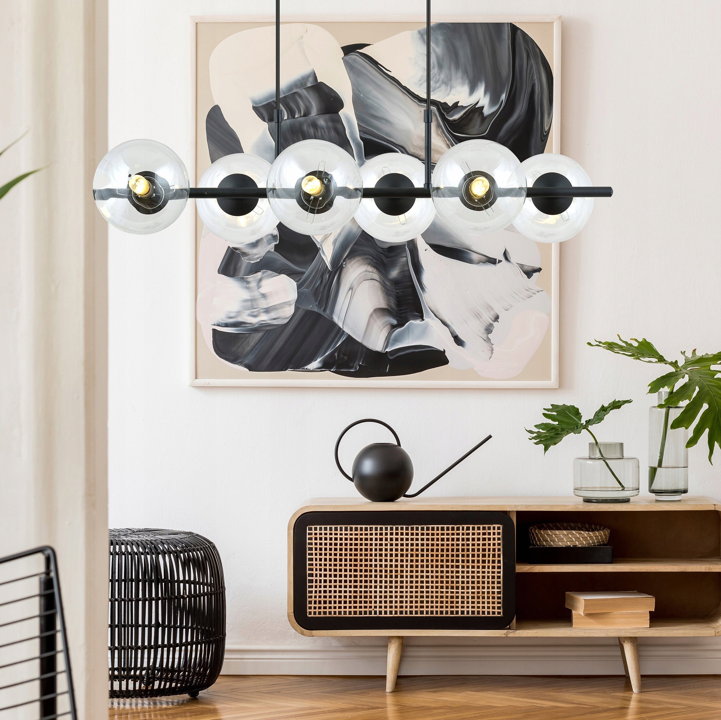 Industriální lustr Rory, průhledná stínítka zavěšená na nosníku