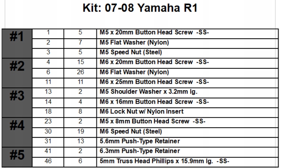 R10708 - Yamaha YZF-R1 07-08-болты обтекателя KPL