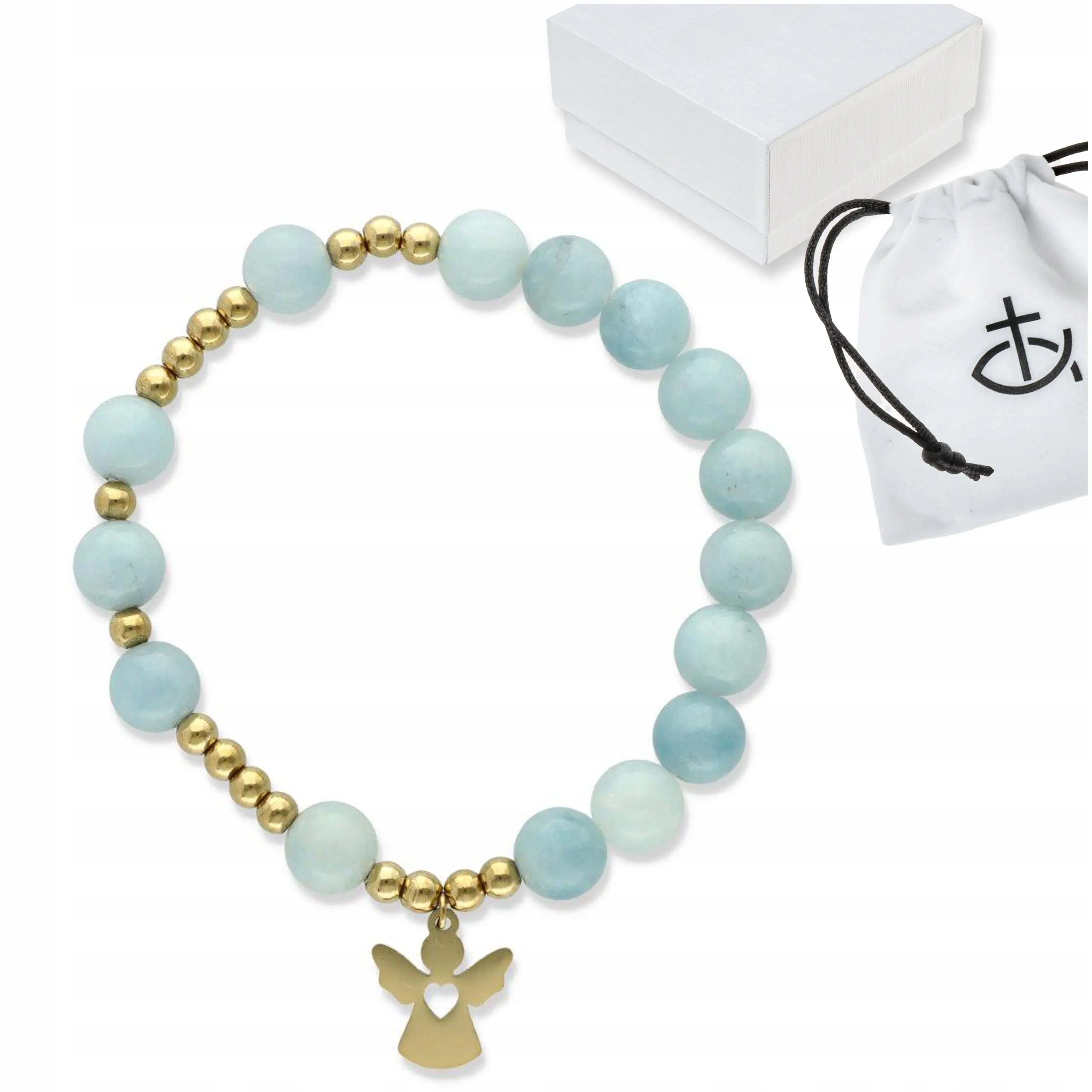 Náramek růženec z kamenů akvamarín s andílkem dárek k Vánocům