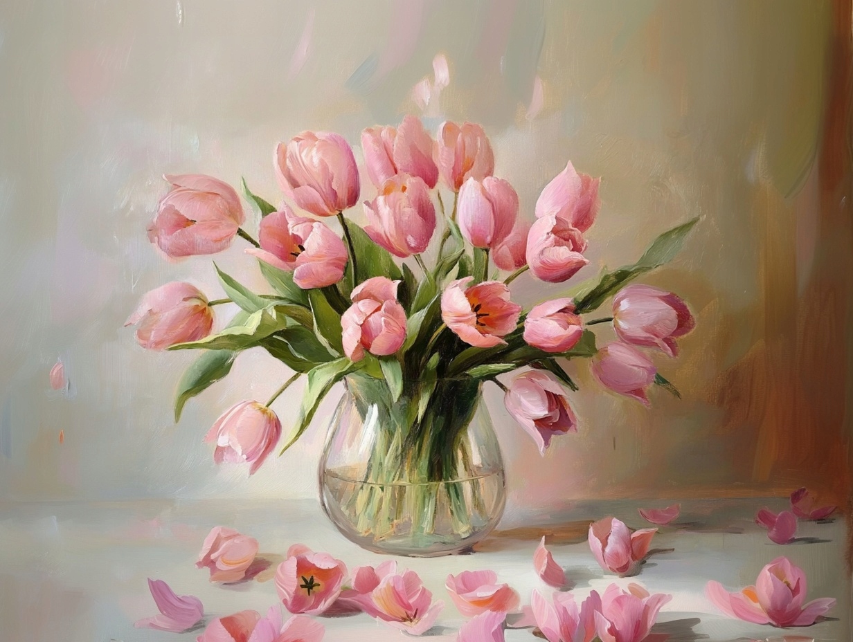 Obraz Na Plátně Canvas Květiny Růžové Tulipány Kytice Váza 100x75