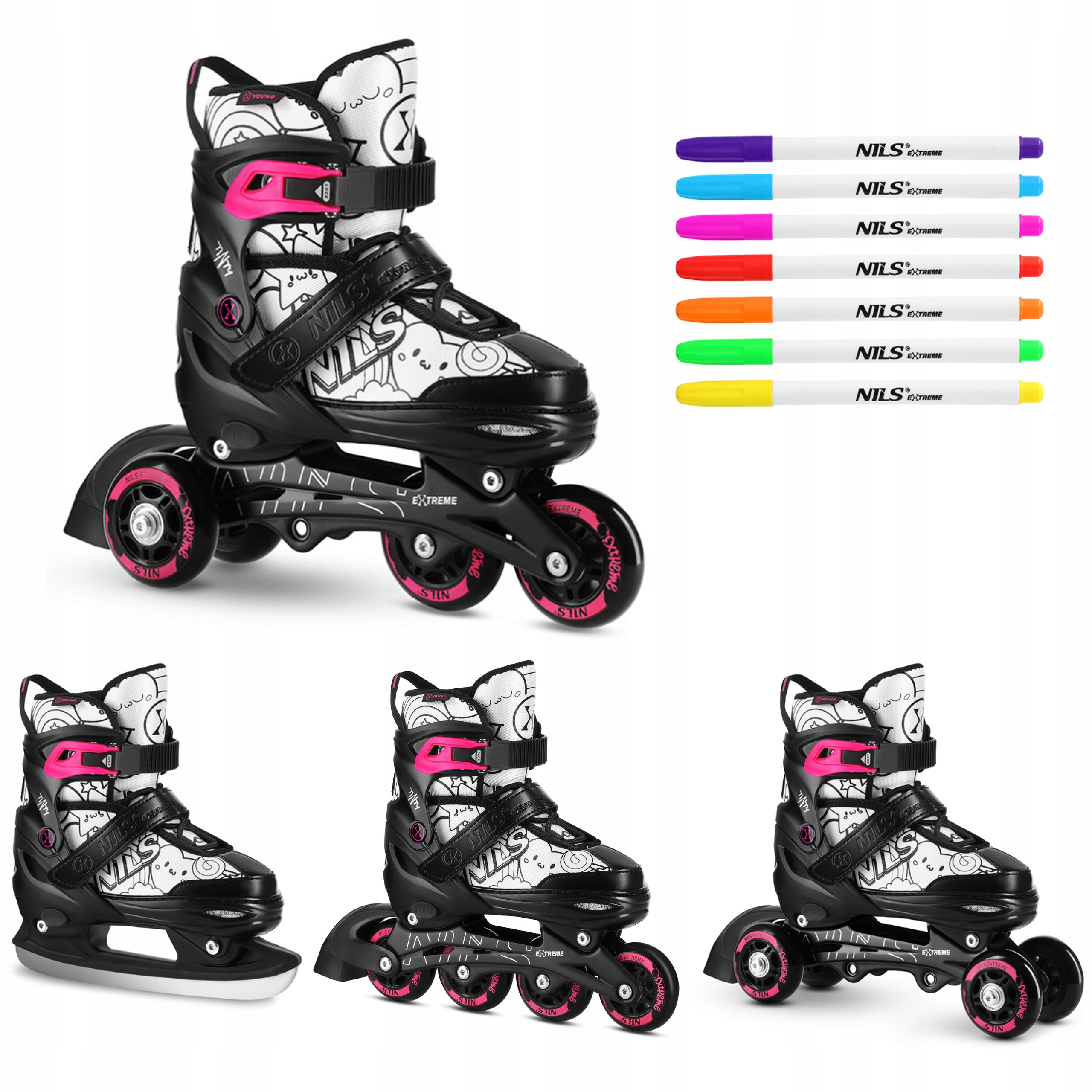Rolki 4w1 35-38 różowe łyżwy wrotki kreatywne malowanie Nils Extreme