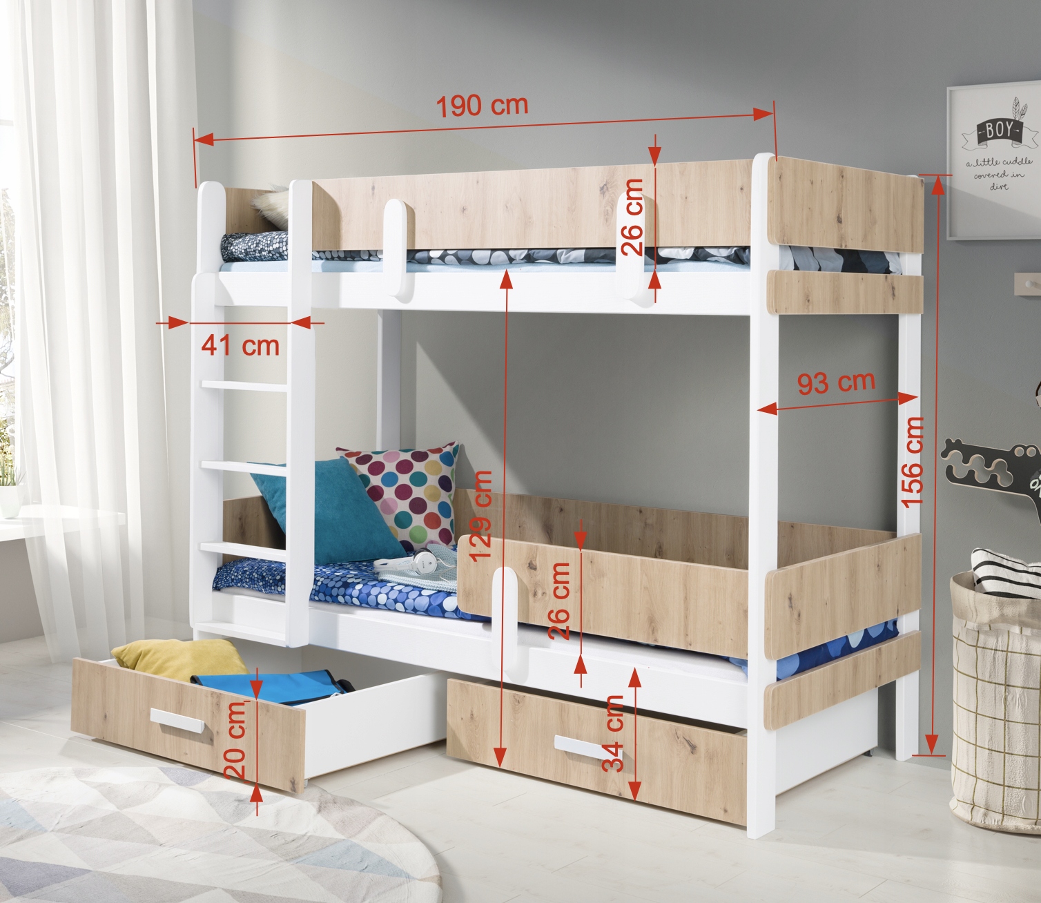 Łóżko 2 180X80 osobowe piętrowe z szufladami i drabinką barierki ochronne Marka inna