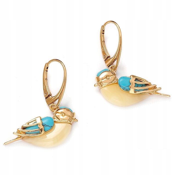 Zlaté Náušnice Sýkorky Medově Tyrkysové Stříbro Pozlacené