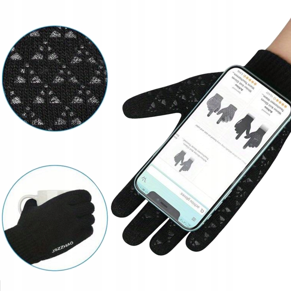 CIEPŁE RĘKAWICZKI DAMSKIE DOTYKOWE OCIEPLANE DO TELEFONU ZIMOWE CZARNE Marka SNM