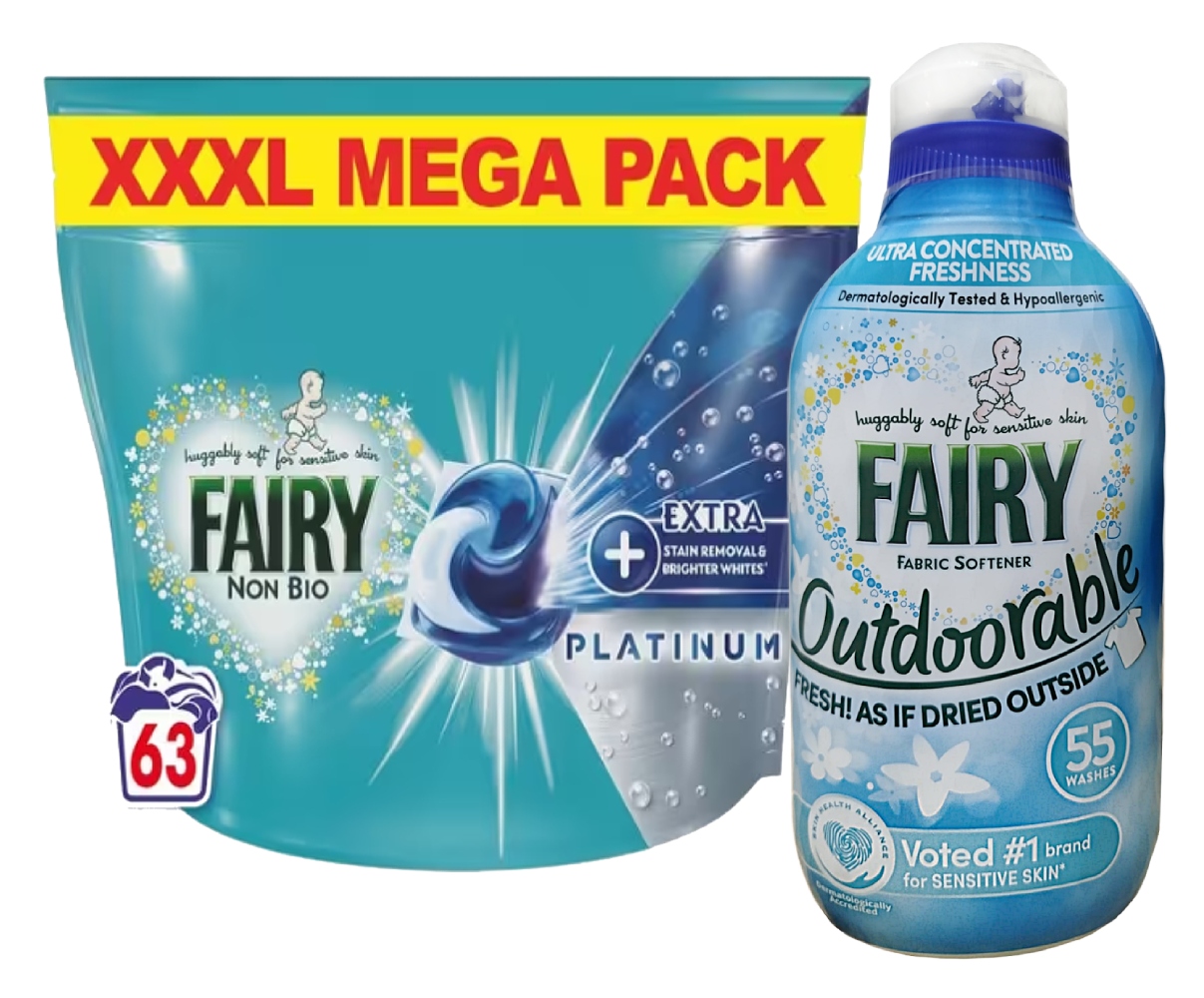 Fairy Non Bio kapsle na praní 63 ks Fairy Outdoorable na oplachování 55p