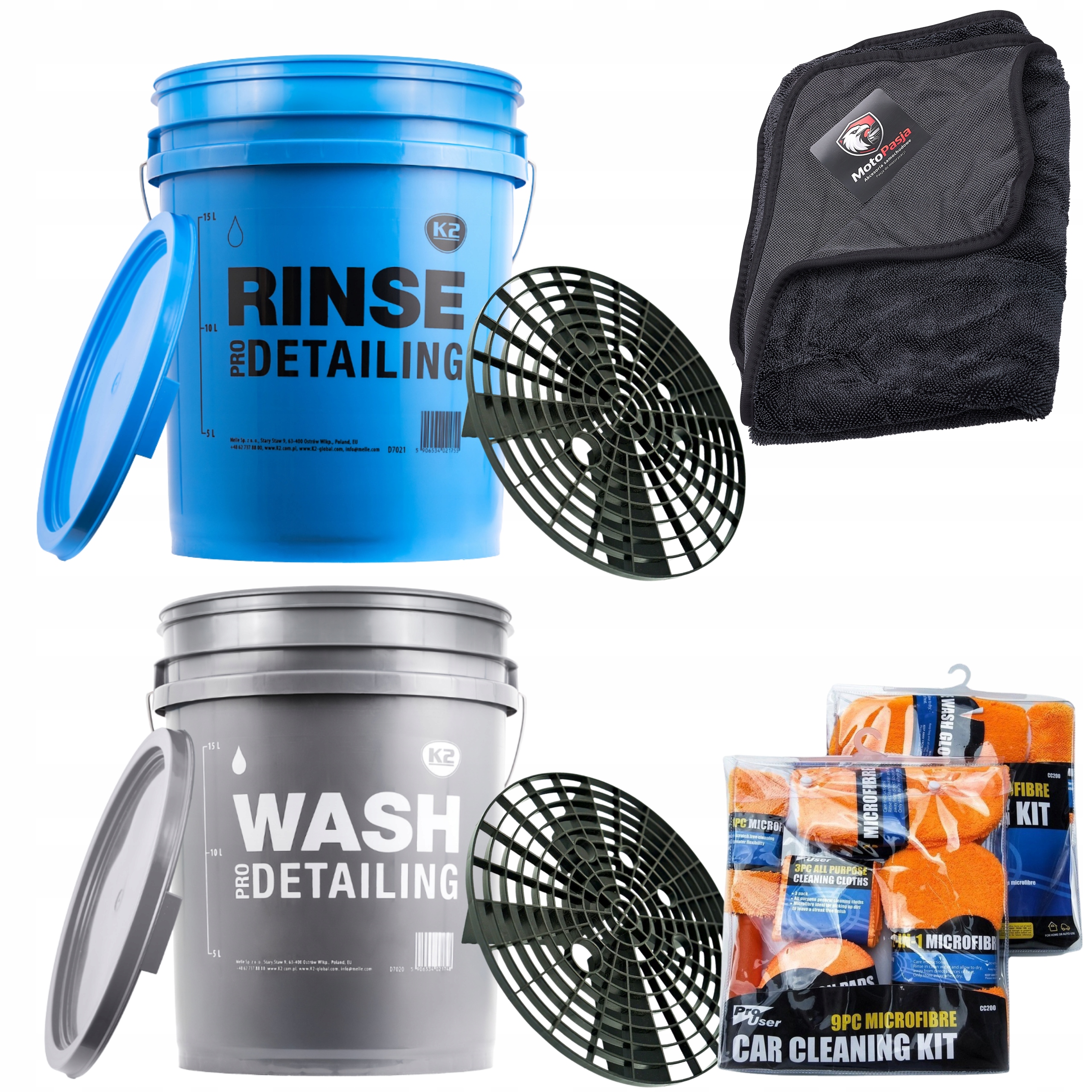2x Detailingové vědro K2+Oddělovač MotoPasja+Ručník+Sada na mytí aut