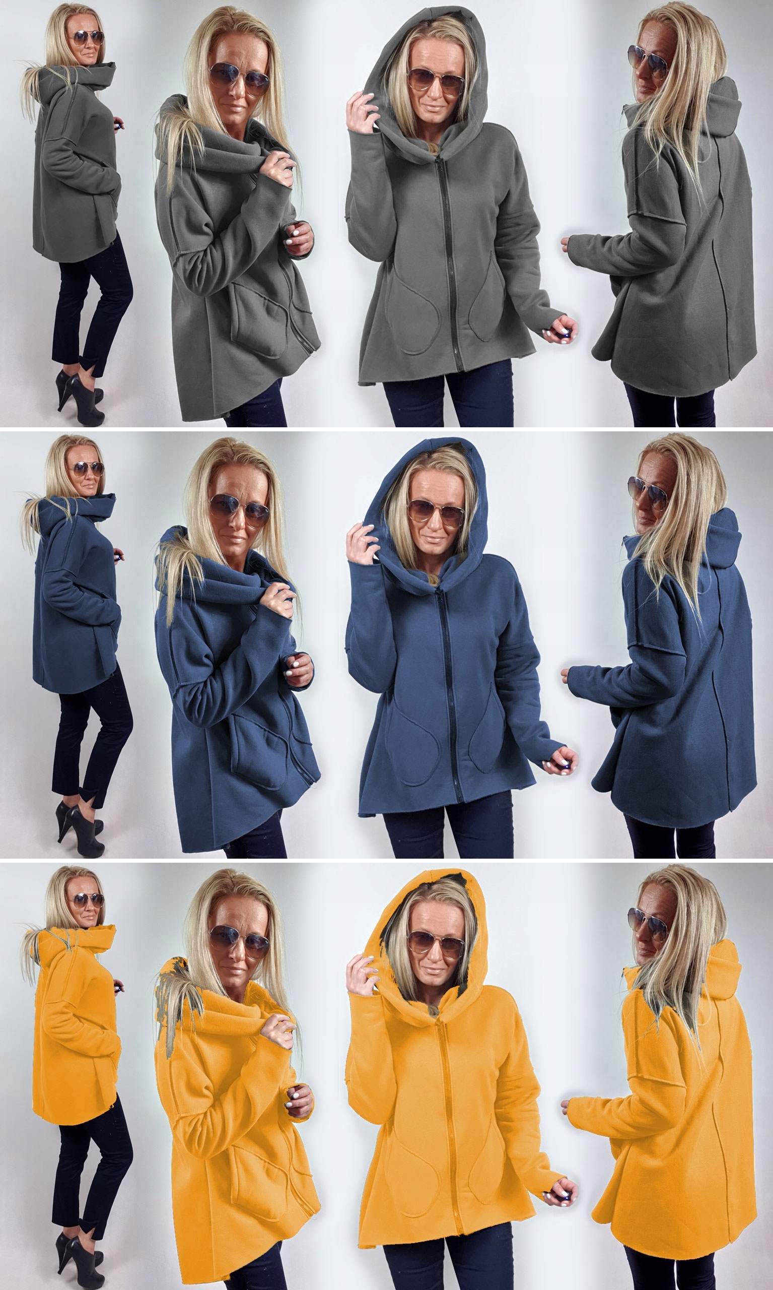 ASYMETRYCZNA BLUZA TUNIKA KARDIGAN KOMIN KAPTUR S Cechy dodatkowe baskinka falbana naszywki