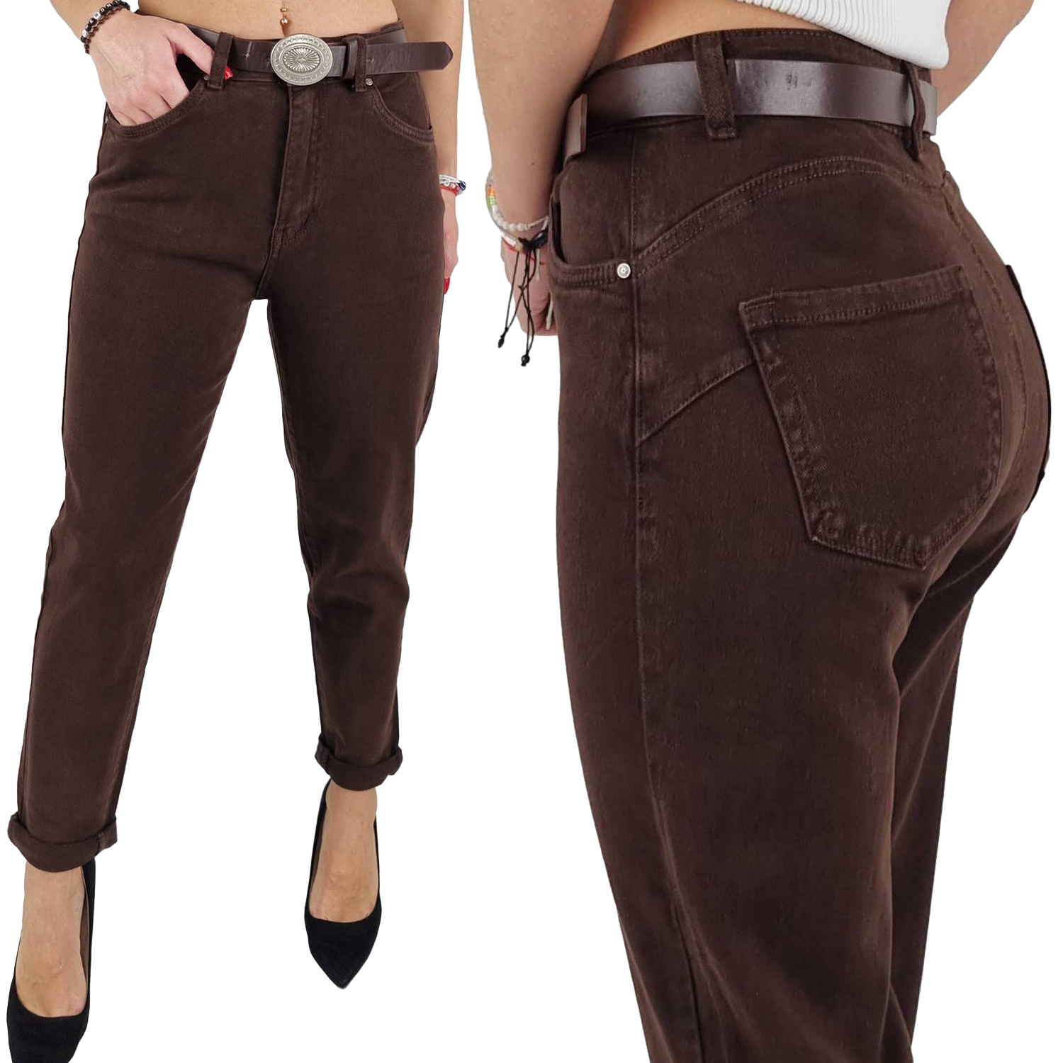Damskie Spodnie Mom Fit Jeansy Wysoki Stan Luźne Nogawki Czekolada 36/S